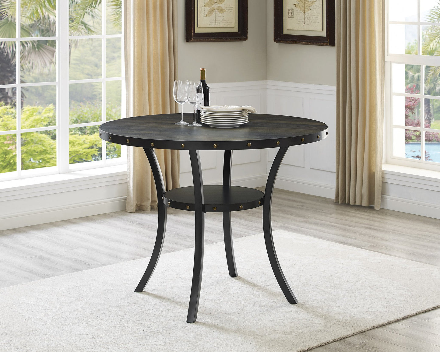 Biony Espresso Wood Counter Height Dining Set with Blue Fabric Nailhead Stools