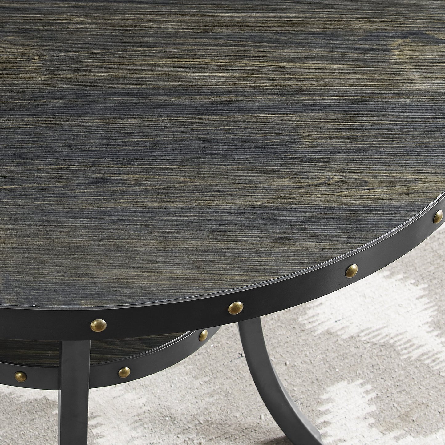 Biony 3-Piece 36" Round Espresso Finish Bar Table with 2 Tan Fabric Nail Head Pub Chairs