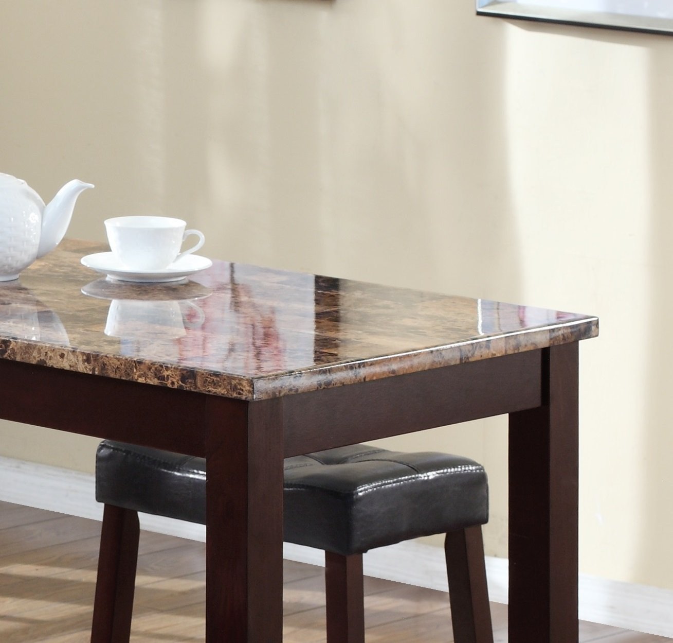 3-piece Counter Height Glossy Print Marble Breakfast Table with Stools