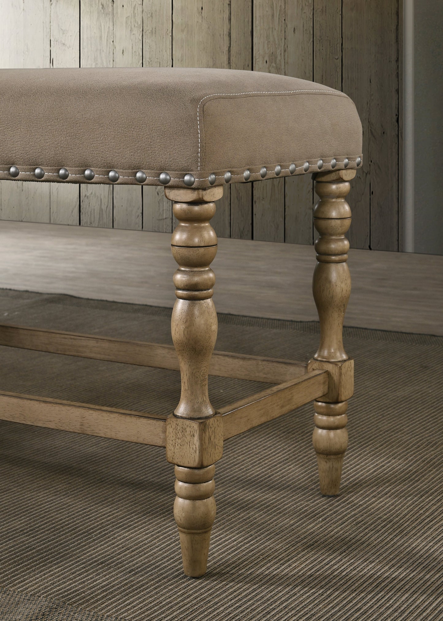 Birmingham Microfiber Upholstered Counter Height Bench with Nail Head Trim in Driftwood Finish