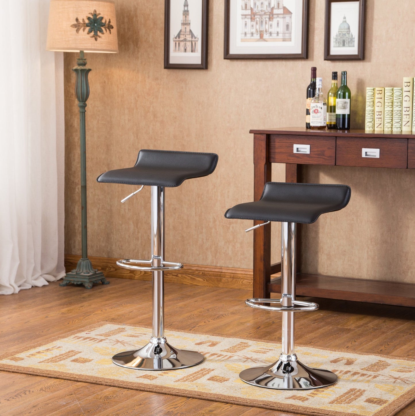 Contemporary Chrome Air Lift Adjustable Swivel Stools with Black Seat Set of 2