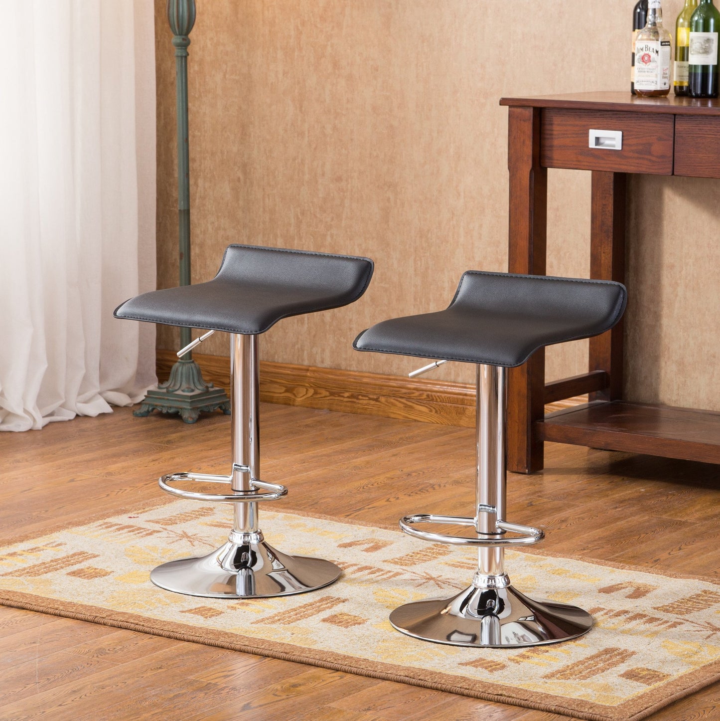 Contemporary Chrome Air Lift Adjustable Swivel Stools with Black Seat Set of 2
