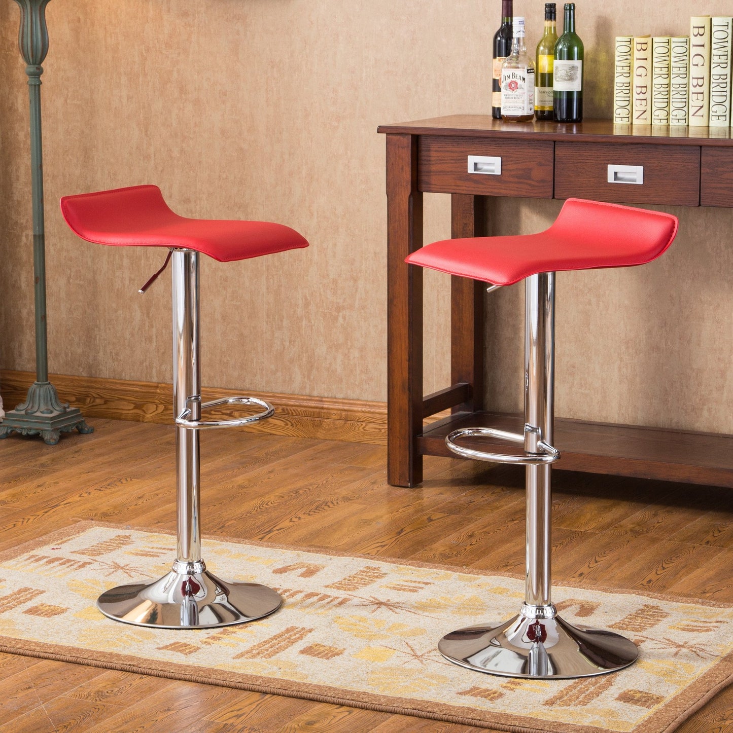 Contemporary Chrome Air Lift Adjustable Swivel Stools with Red Seat Set of 2