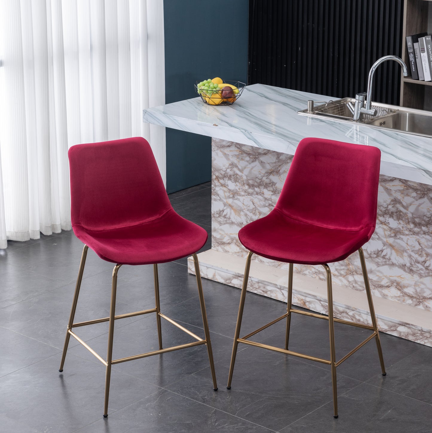 Roundhill Furniture Aufurr Modern Velvet 26.50 Counter Height Stool, Set of 2, Red