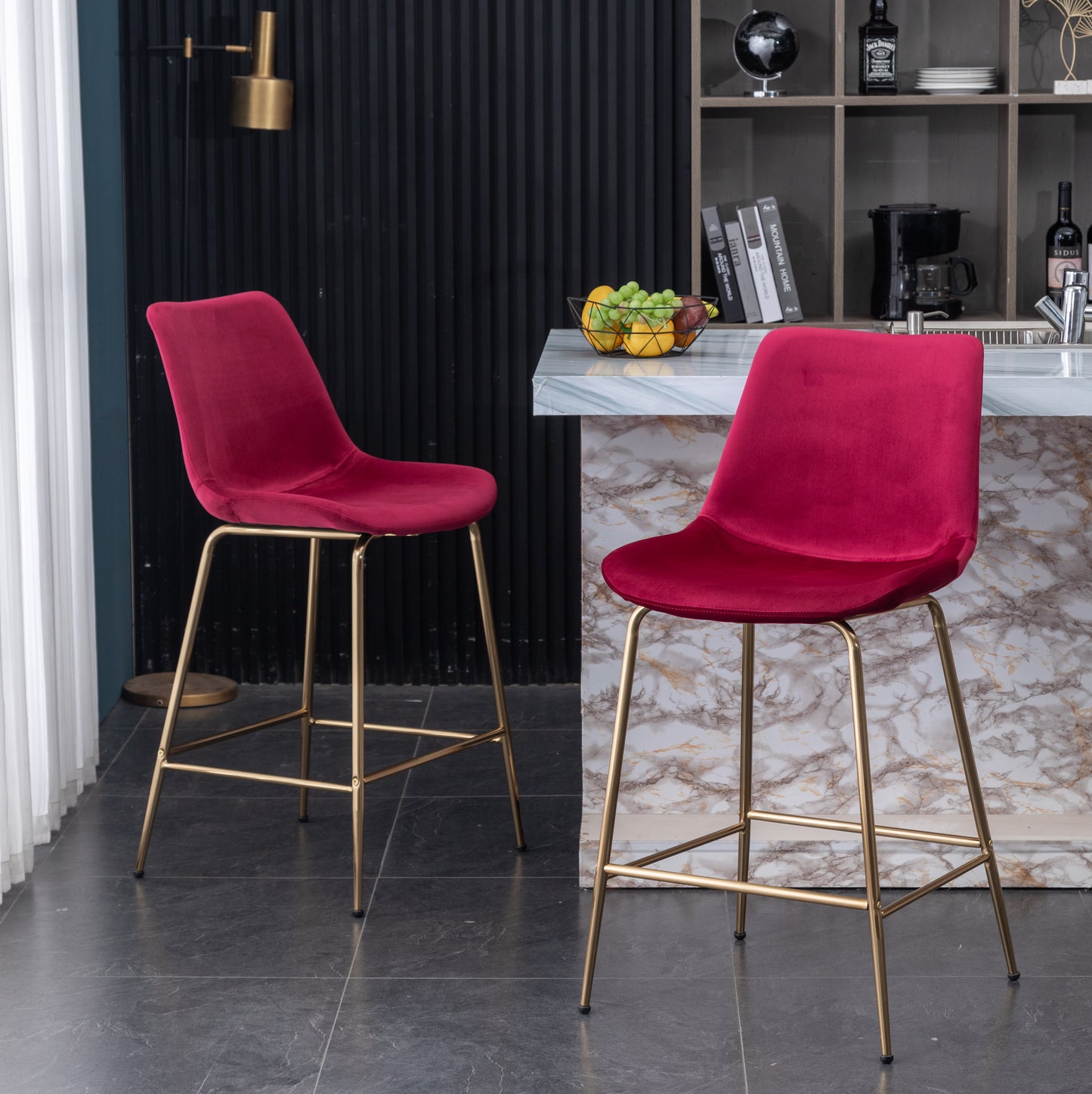 Roundhill Furniture Aufurr Modern Velvet 26.50 Counter Height Stool, Set of 2, Red