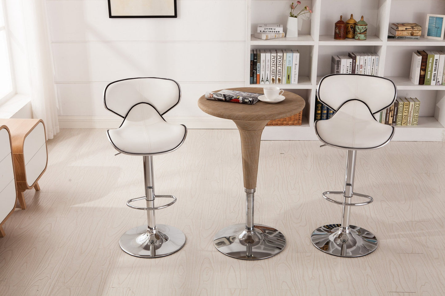 Masaccio White Cushioned Leatherette Upholstery Airlift Adjustable Swivel Barstool with Chrome Base, Set of 2