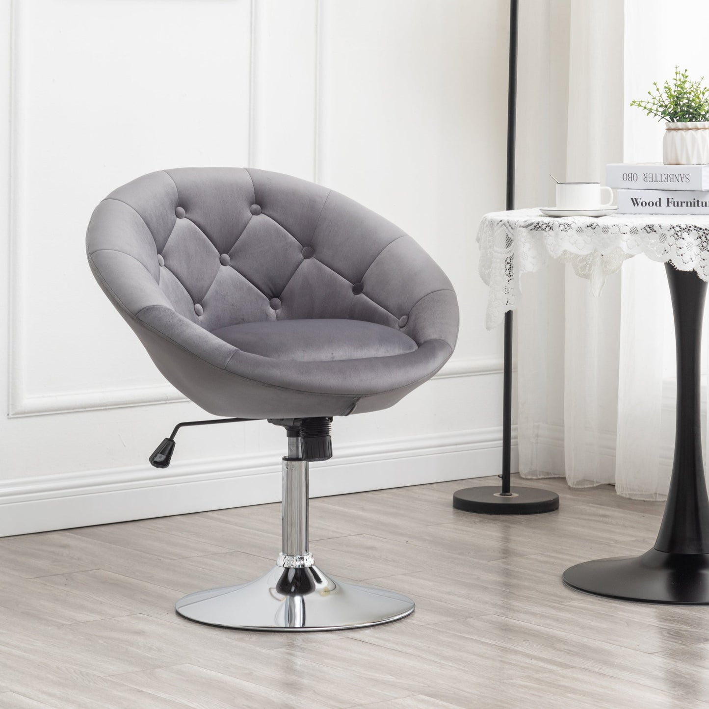 Noas Velvet Upholstered Tufted Back Swivel Accent Chair, Gray
