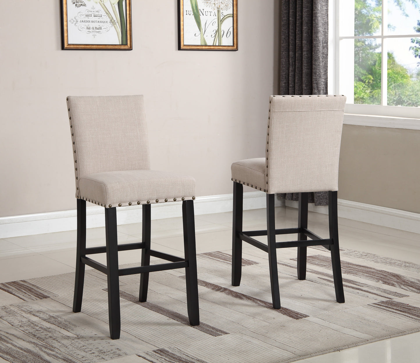 Biony Tan Fabric Bar Stools with Nailhead Trim, Set of 2