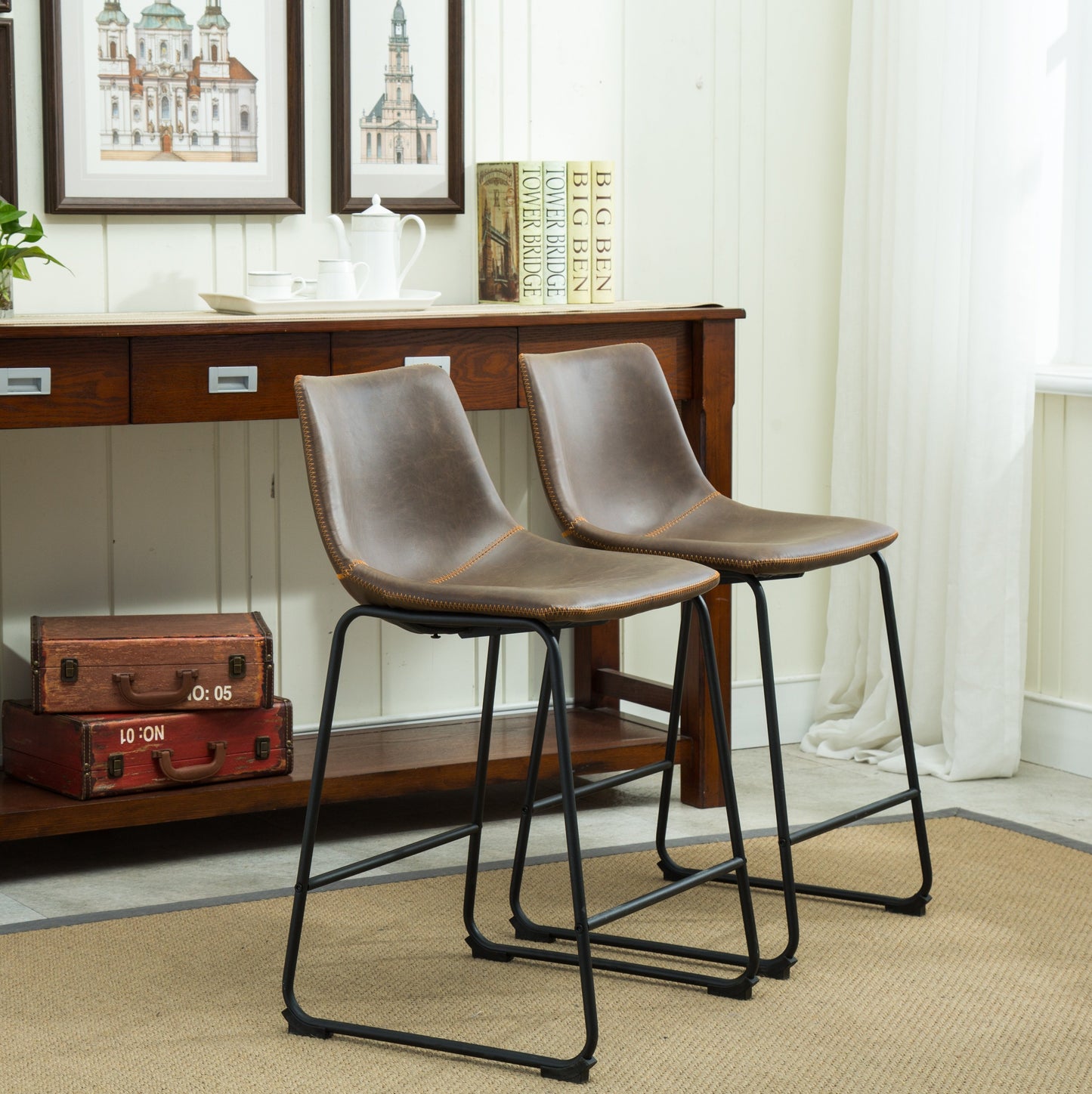 Lotusville Vintage PU Leather Counter Height Stools, Antique Brown, Set of 2