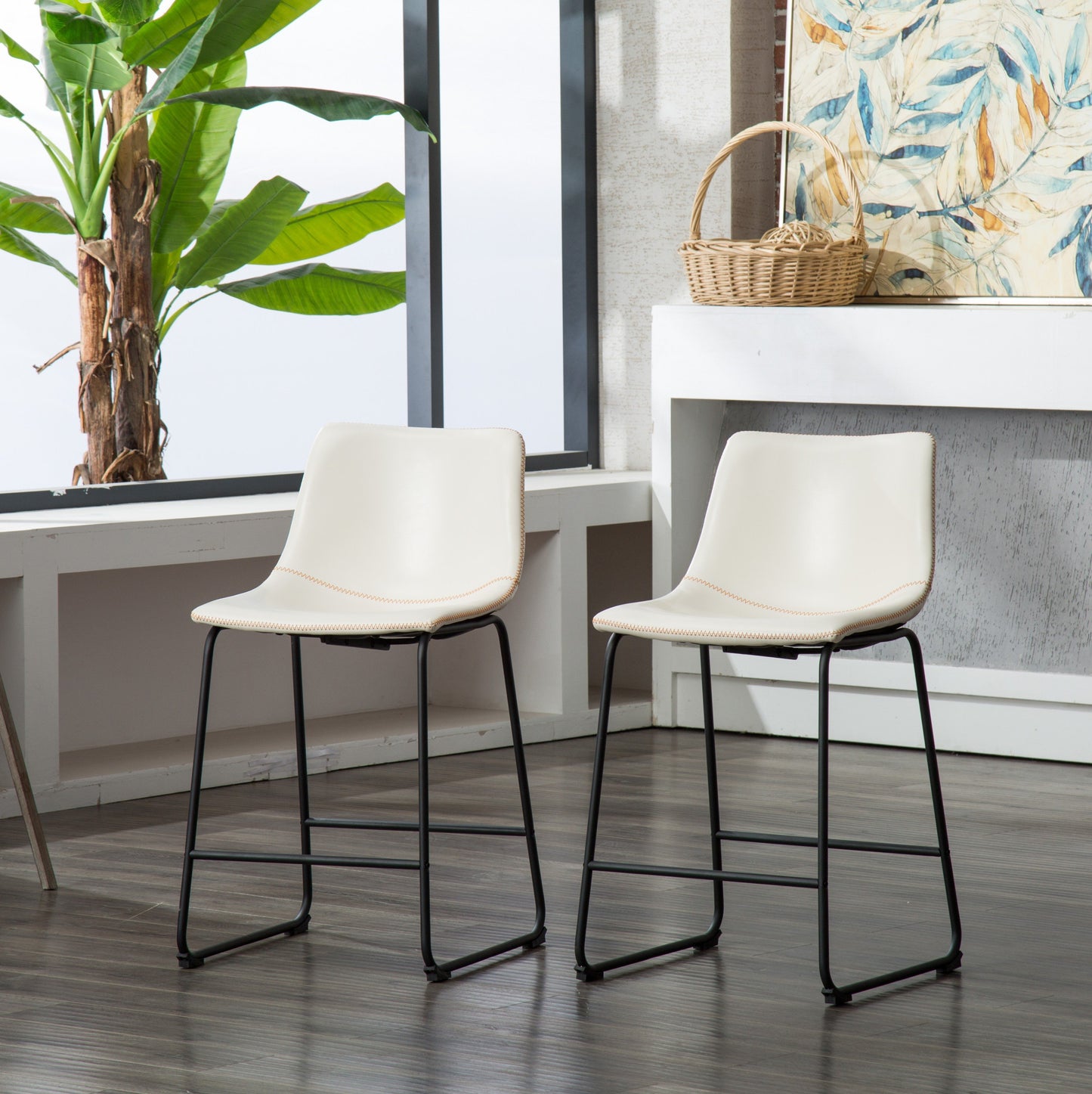 Lotusville Vintage PU Leather Counter Height Stools, White, Set of 2