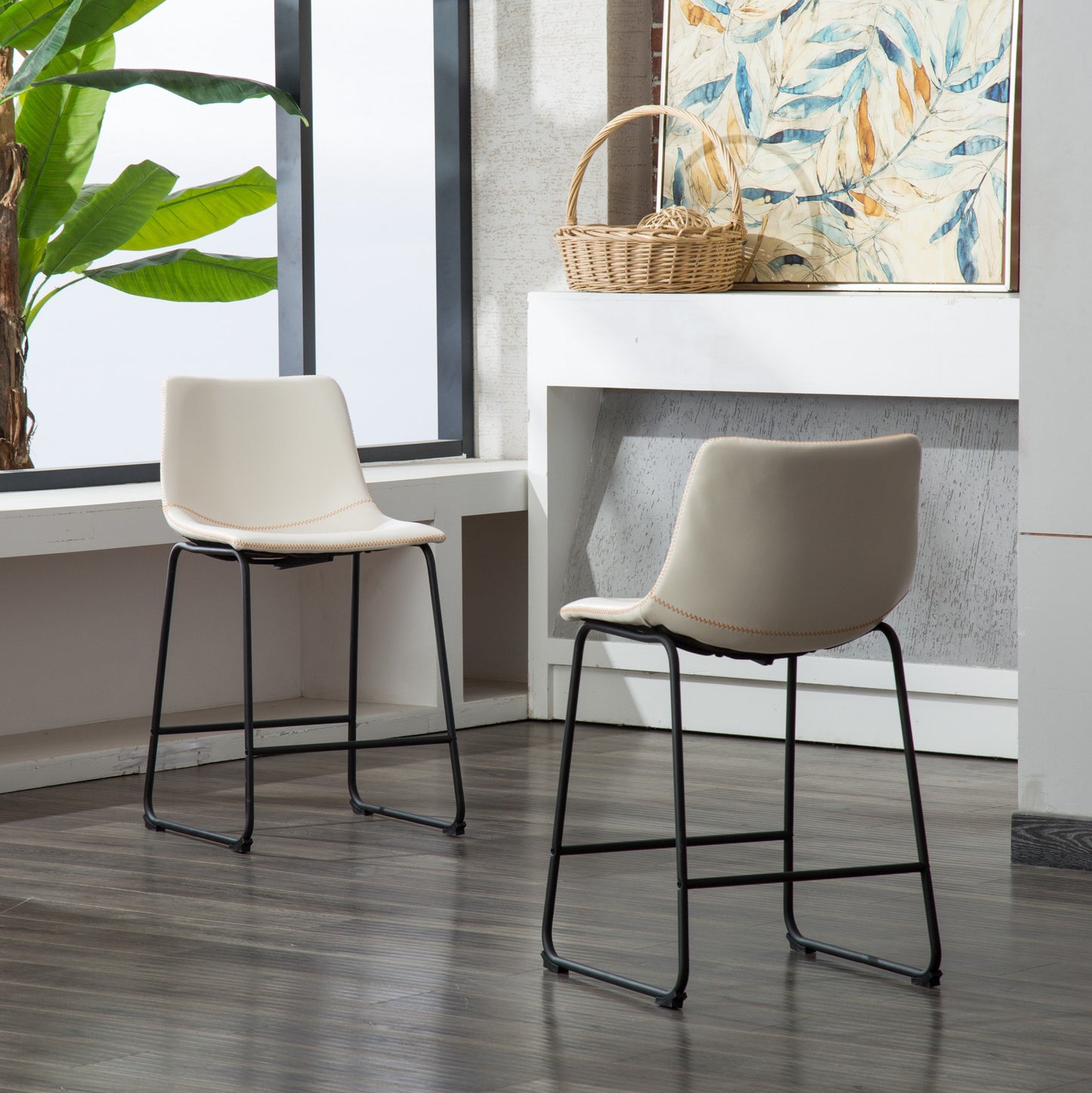 Lotusville Vintage PU Leather Counter Height Stools, White, Set of 2