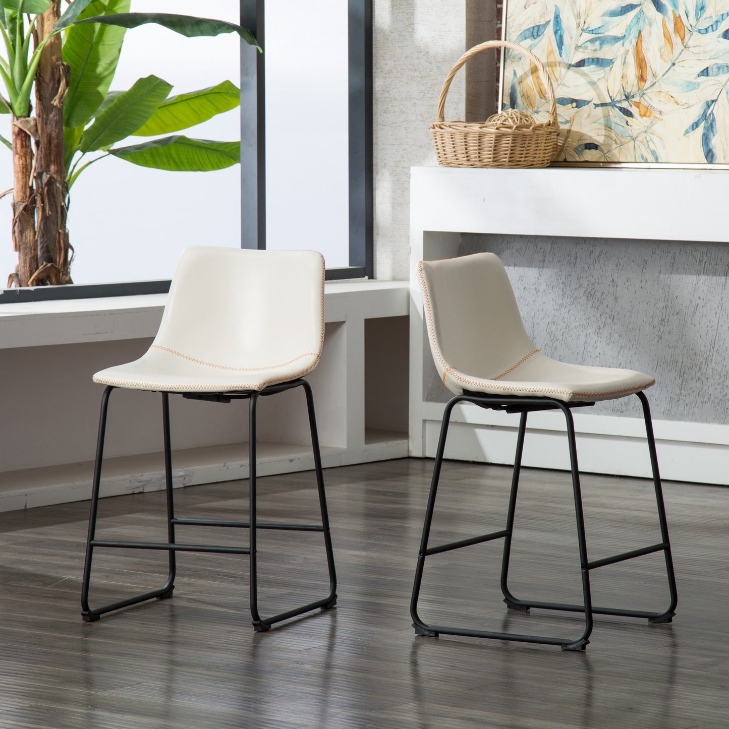 Lotusville Vintage PU Leather Counter Height Stools, White, Set of 2