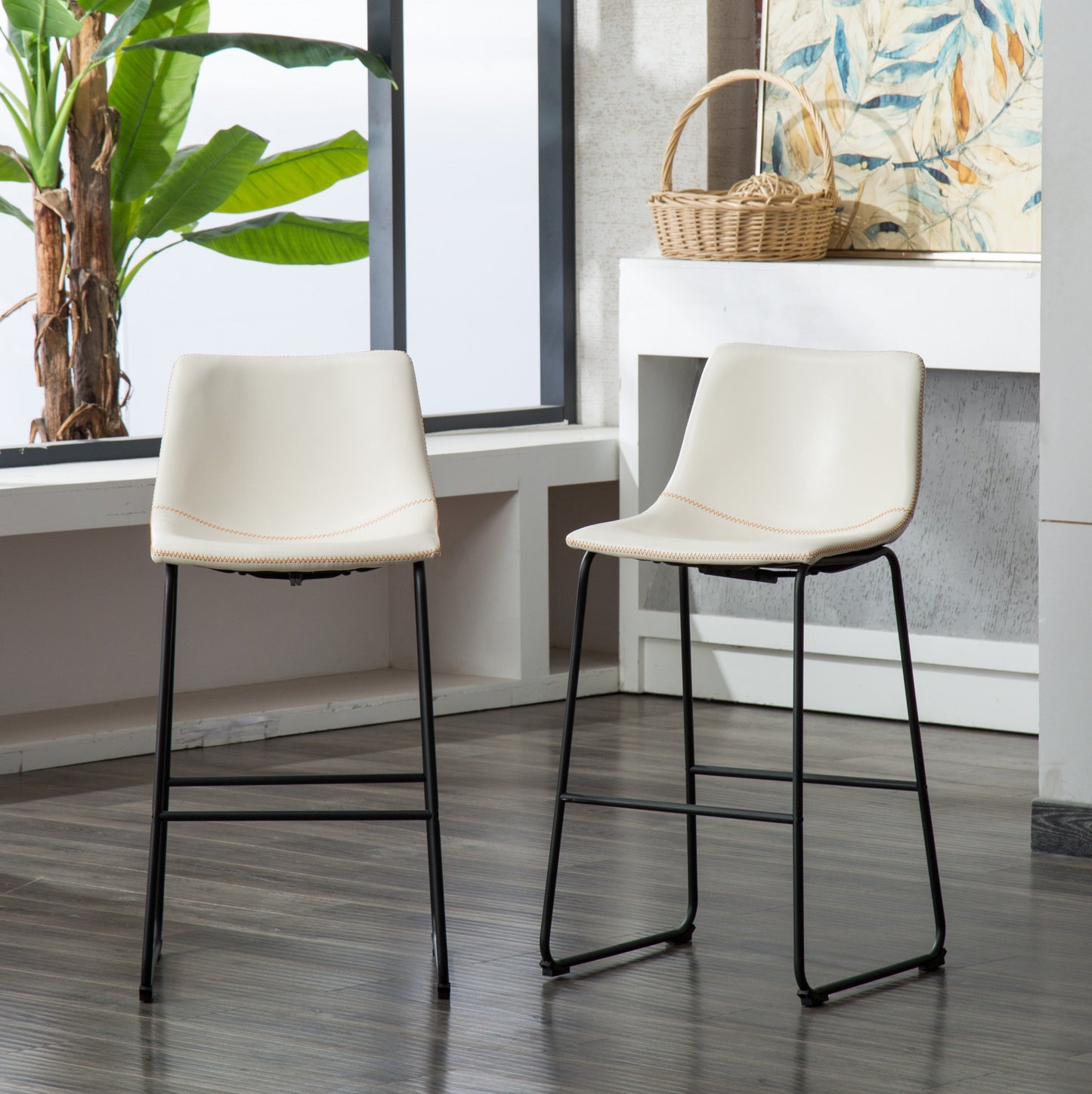 Lotusville Vintage PU Leather Bar Stools, White, Set of 2