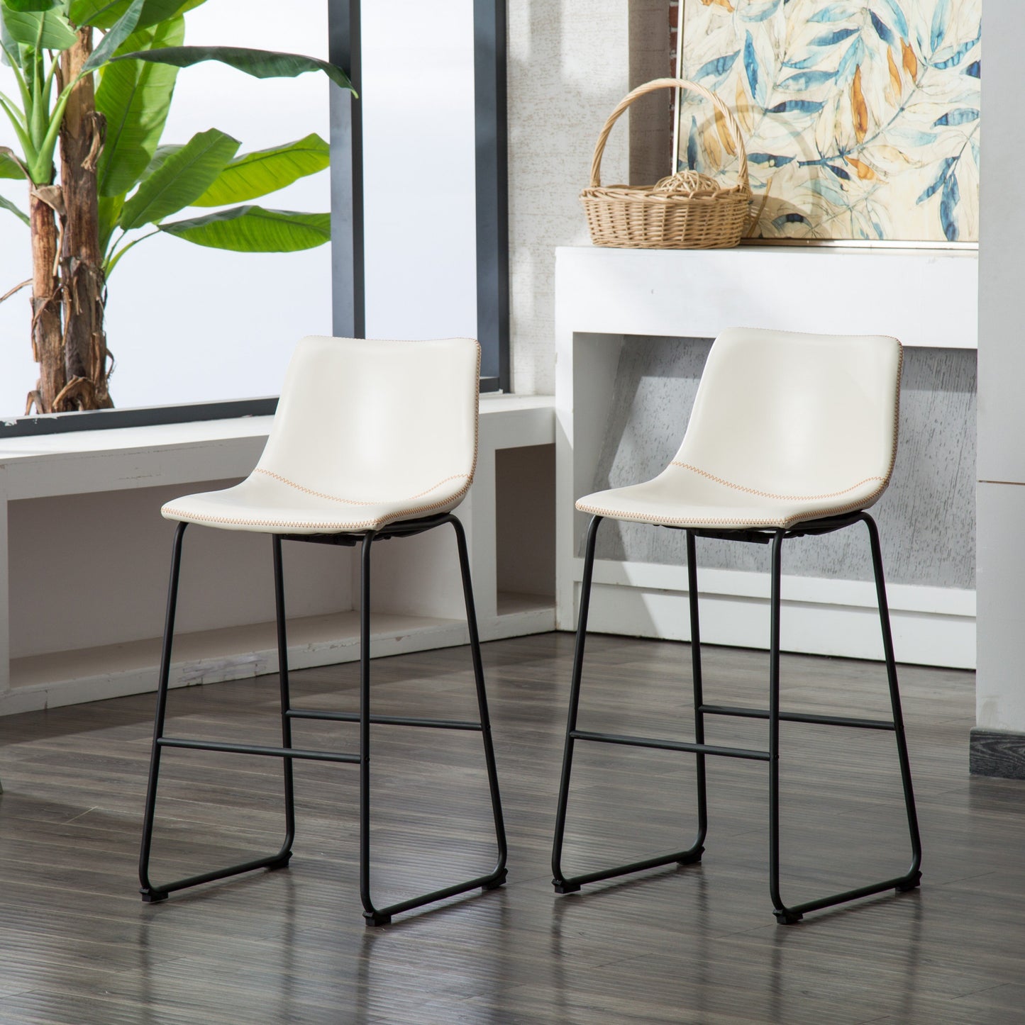 Lotusville Vintage PU Leather Bar Stools, White, Set of 2