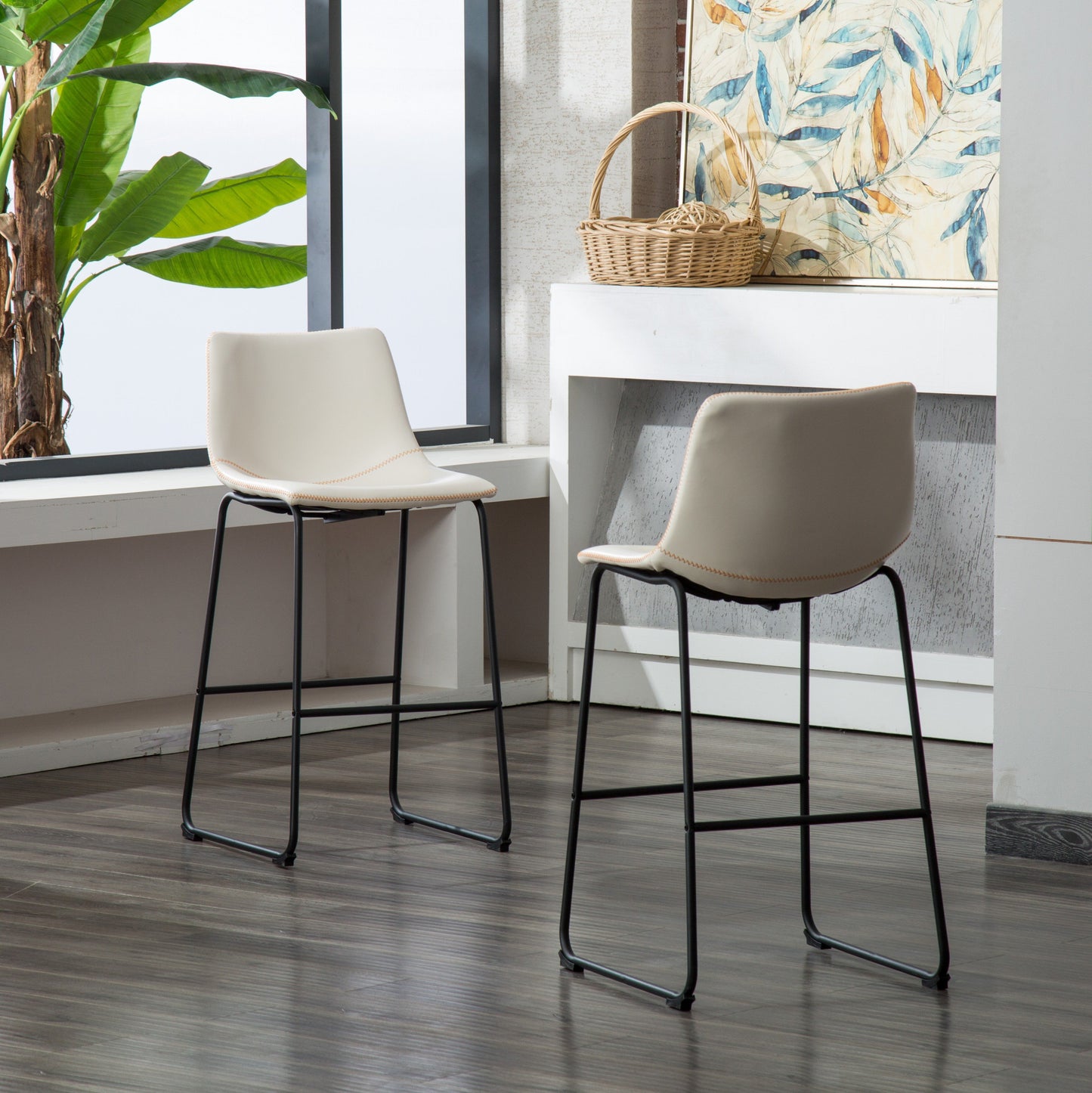 Lotusville Vintage PU Leather Bar Stools, White, Set of 2
