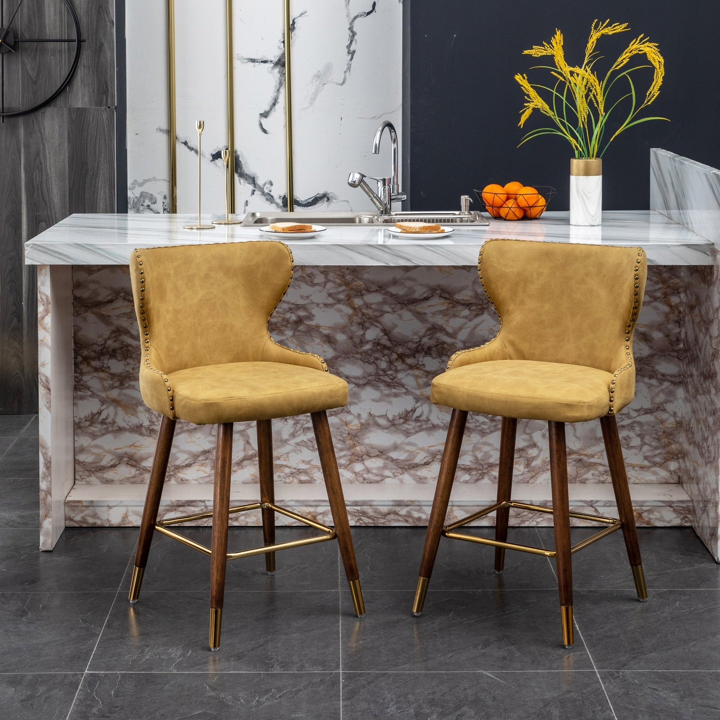 Roundhill Furniture Nevis Mid-century Modern Faux Leather Tufted Nailhead Trim Counter Stools, Set of 2