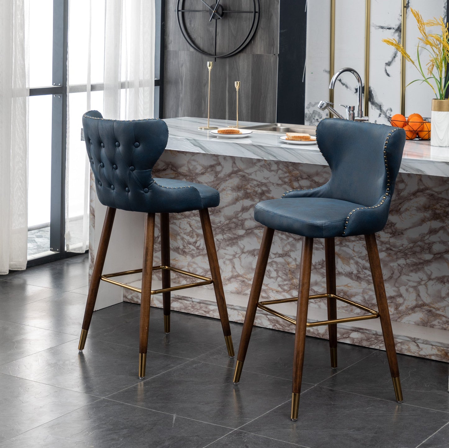 Roundhill Furniture Nevis Mid-century Modern Faux Leather Tufted Nailhead Trim Barstools, Set of 2
