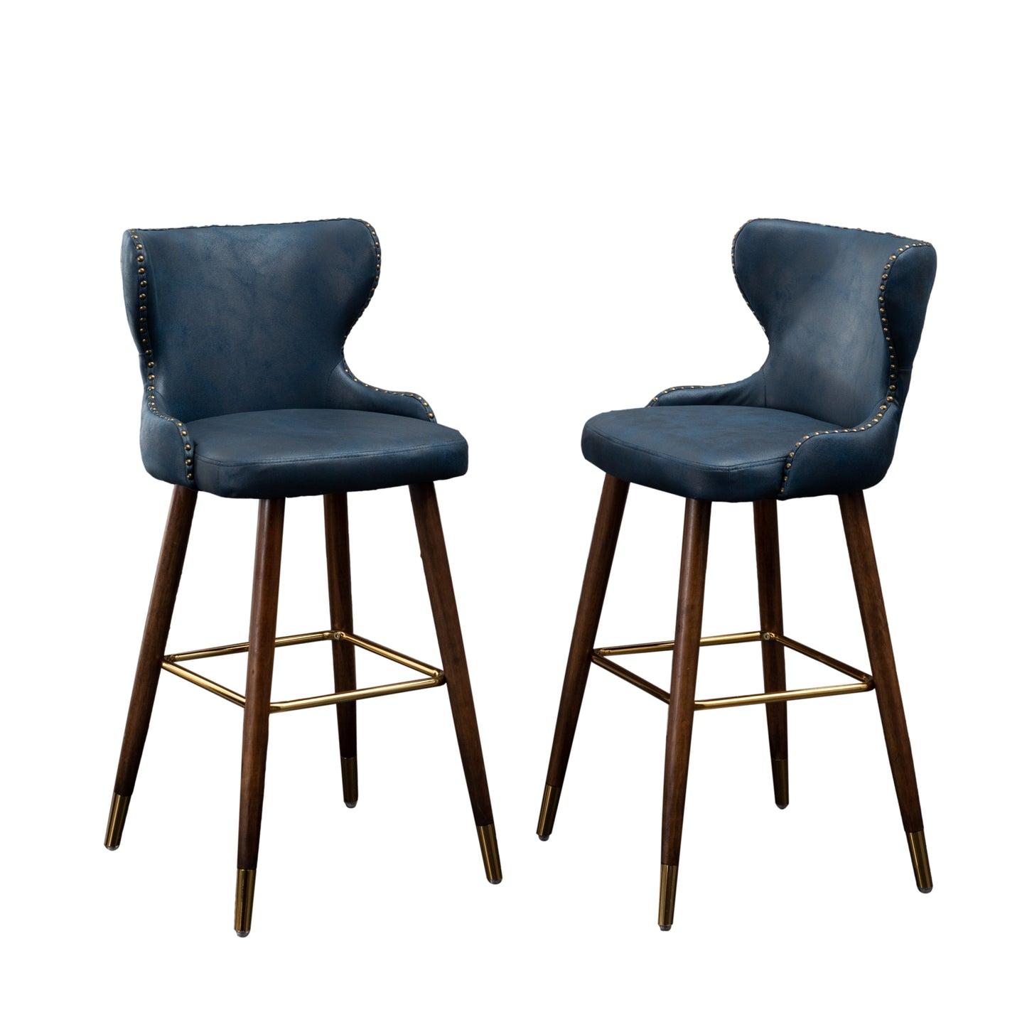 Nevis Mid-century Modern Faux Leather Tufted Nailhead Trim Barstools, Set of 2