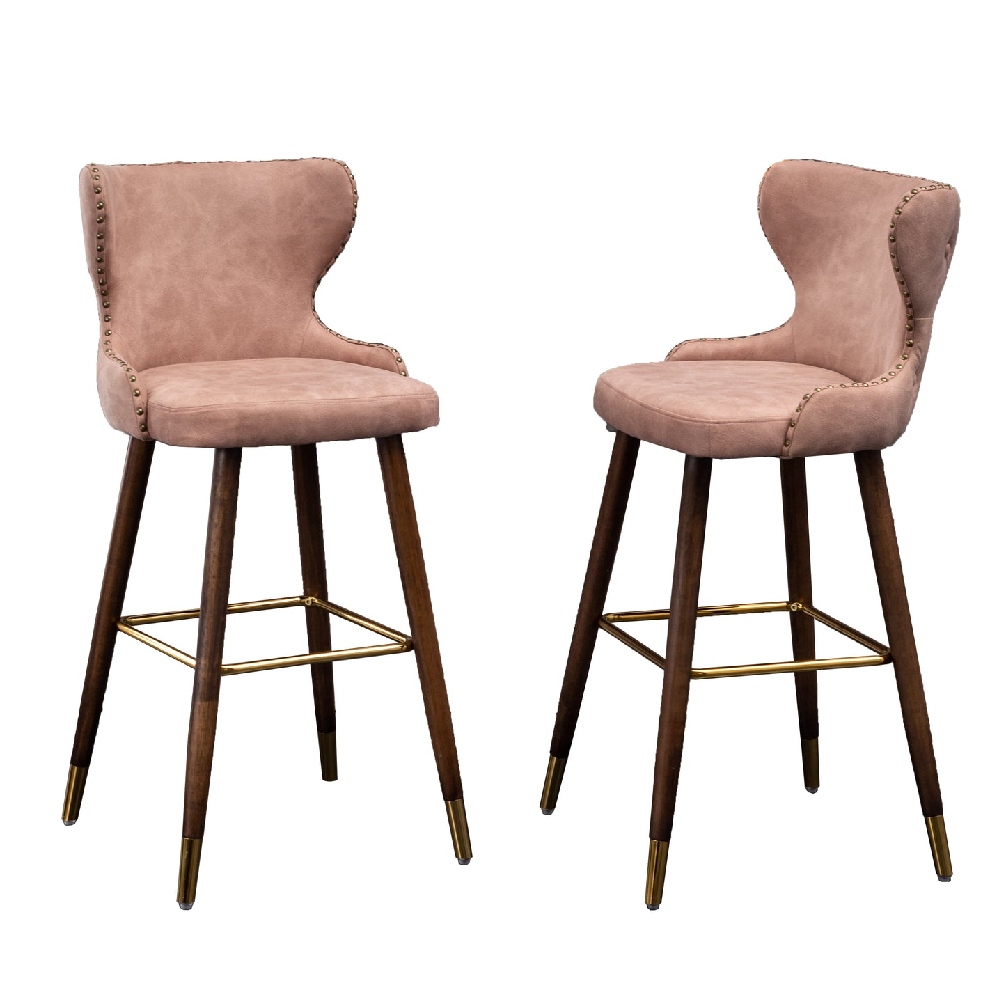 Nevis Mid-century Modern Faux Leather Tufted Nailhead Trim Barstools, Set of 2