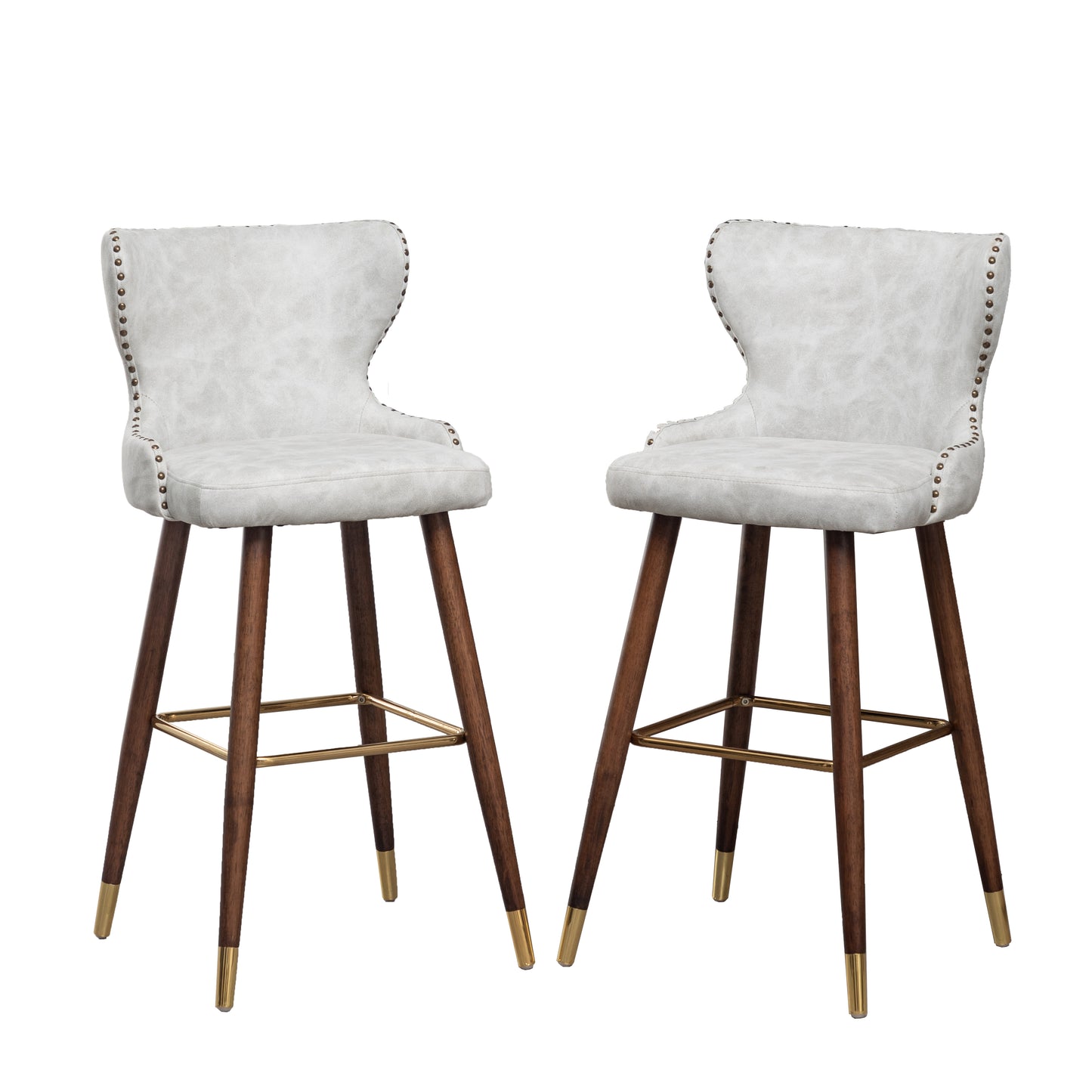 Nevis Mid-century Modern Faux Leather Tufted Nailhead Trim Barstools, Set of 2