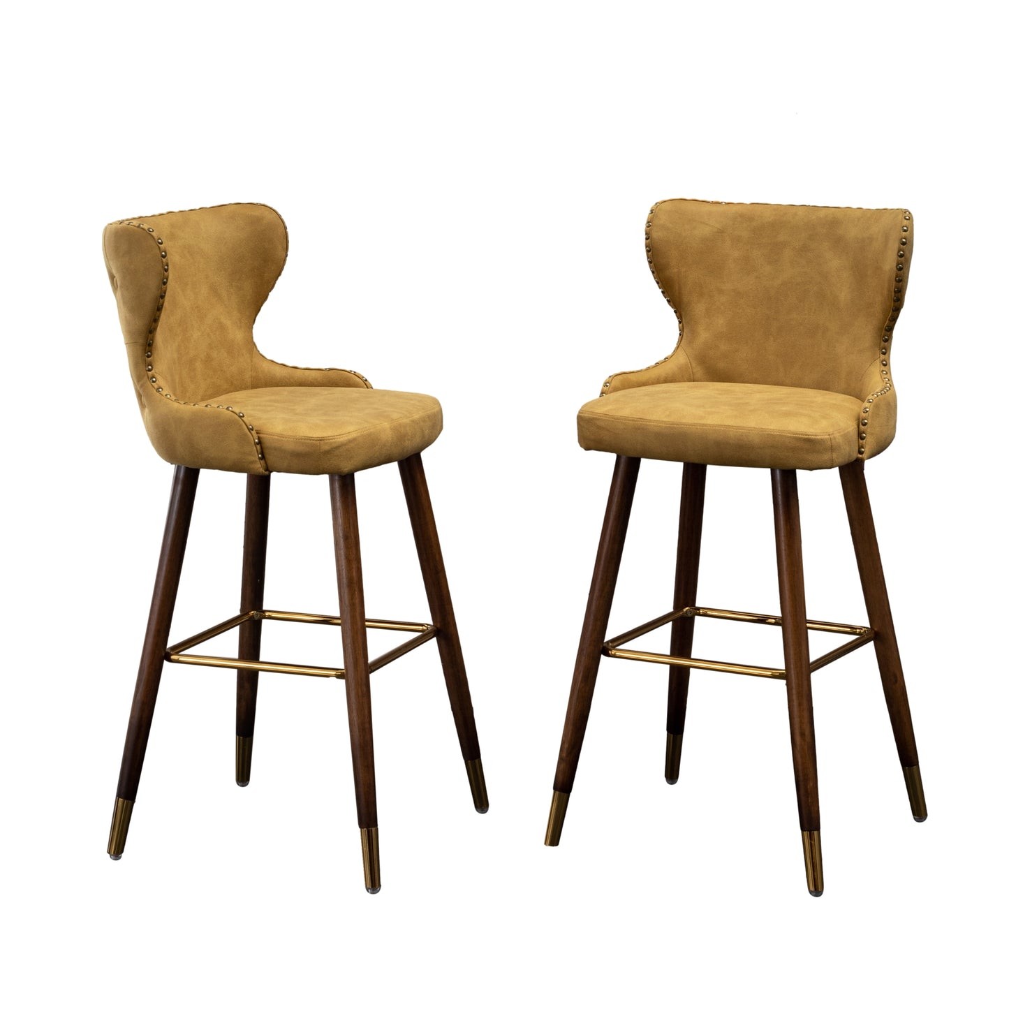 Nevis Mid-century Modern Faux Leather Tufted Nailhead Trim Barstools, Set of 2