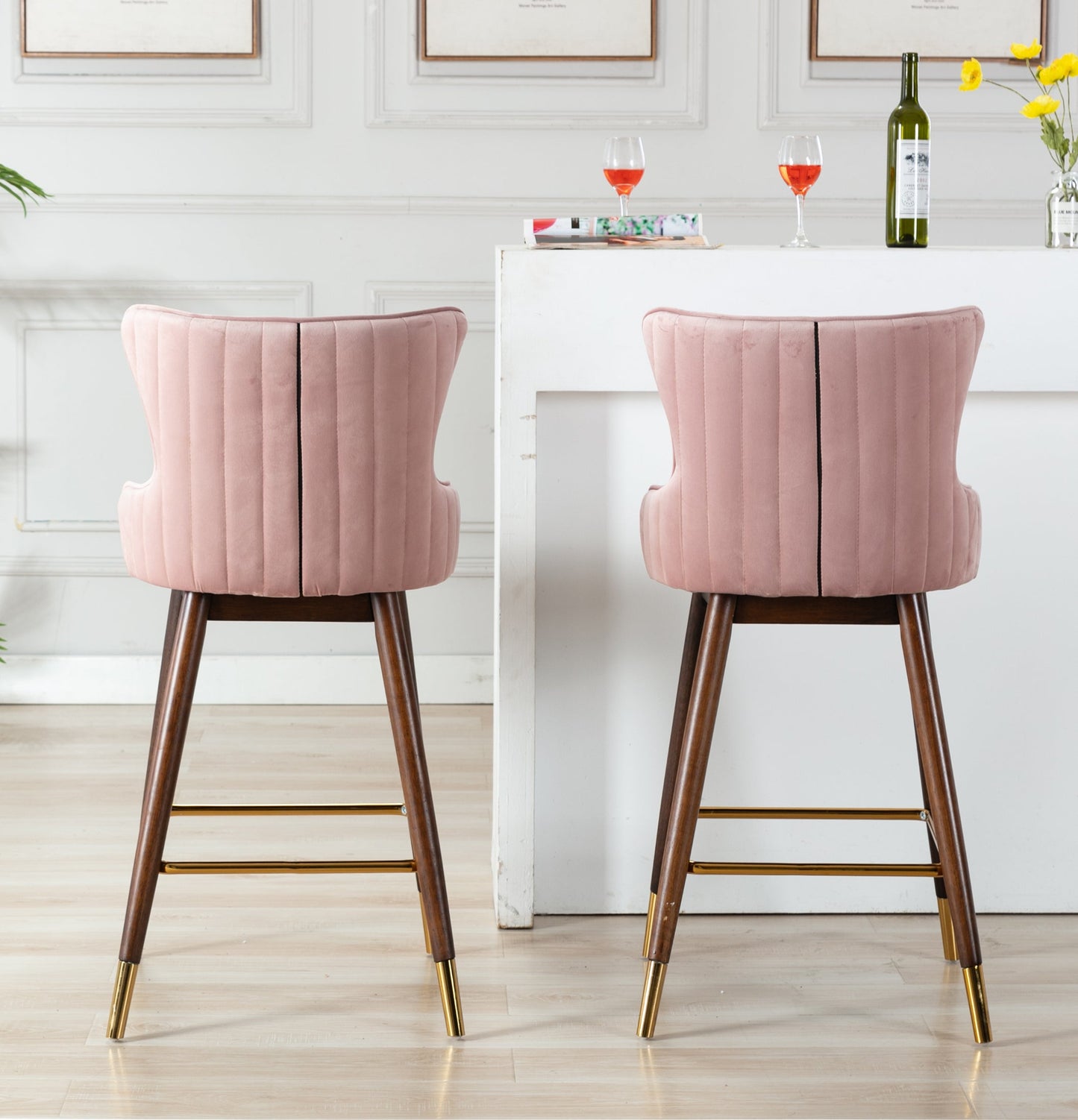 Leland Fabric Upholstered Wingback Bar Stools, Set of 2, Pink