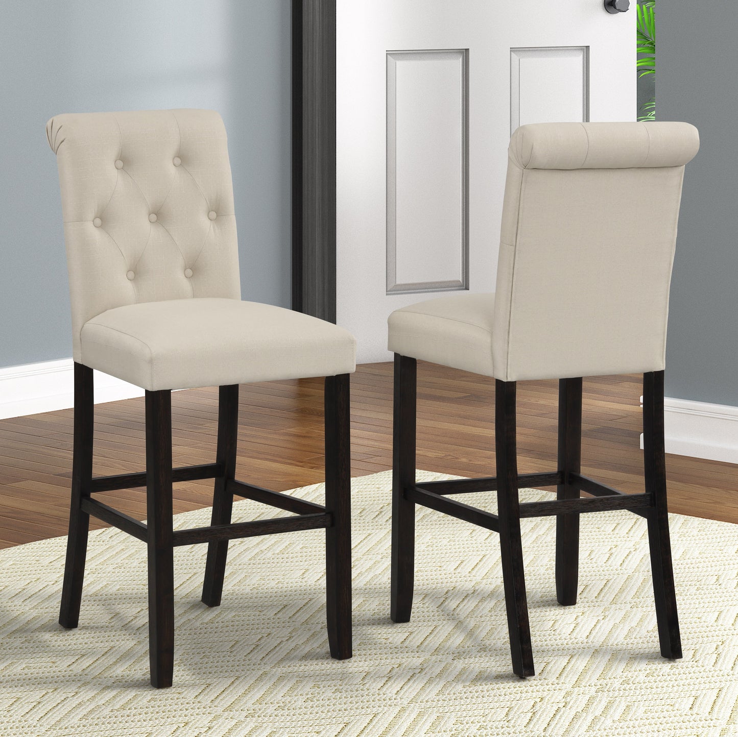 Leviton Solid Wood Tufted Asons Barstool, Set of 2, Tan