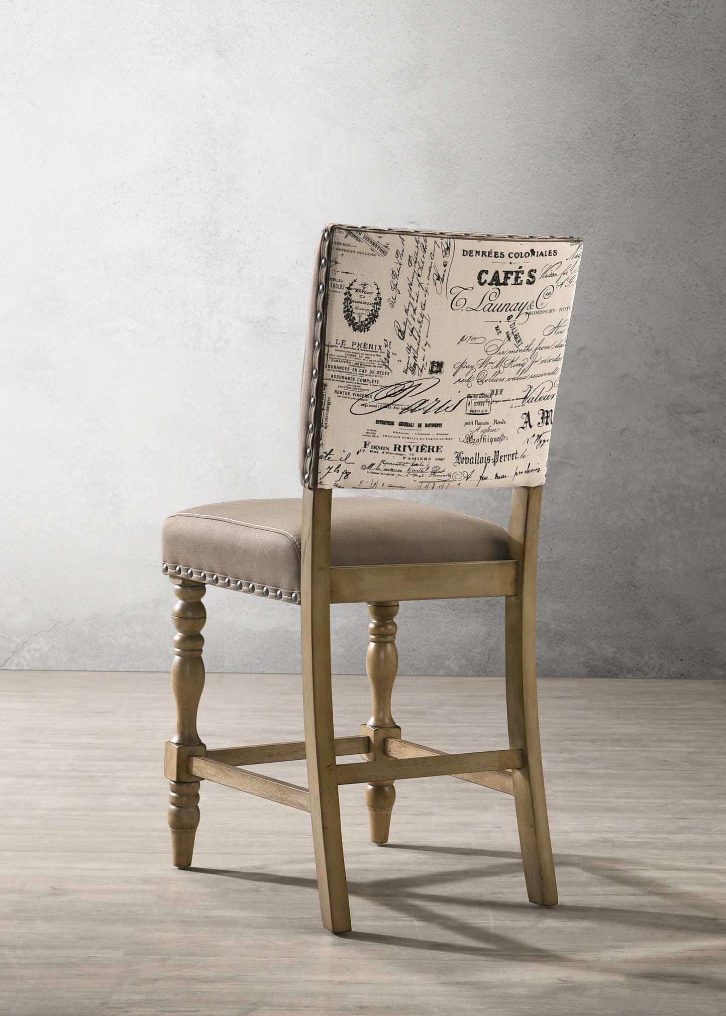 Birmingham Script Printed Driftwood Finish Counter Height Dining Chair with Nail head, Set of 2
