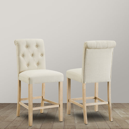Siena Counter Height Button Tufted Back Solid Wood Stools, Set of 2, Tan
