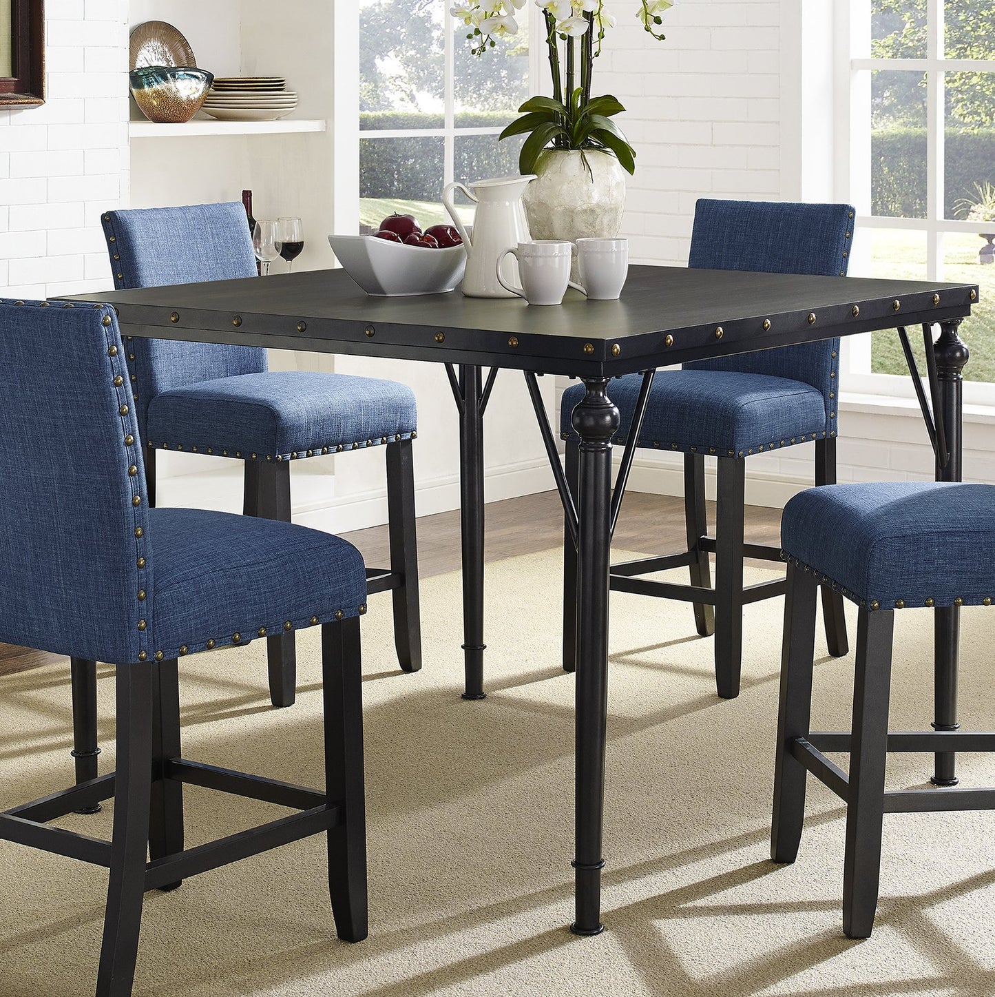 Biony Nailhead Counter Height Espresso Wood Dining Table with Metal Frame