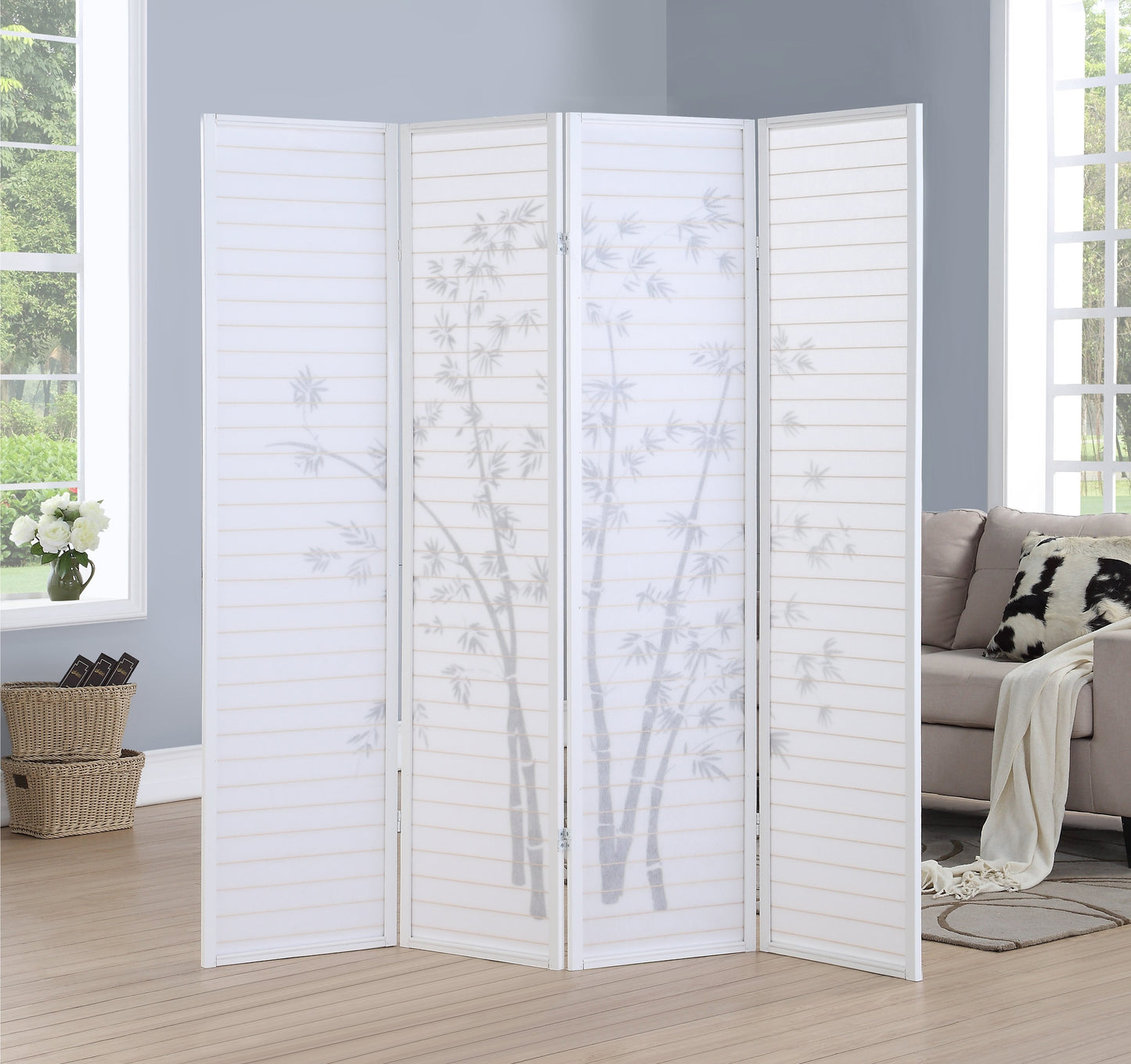 Bamboo Print 4-Panel White Framed Room Screen/Divider