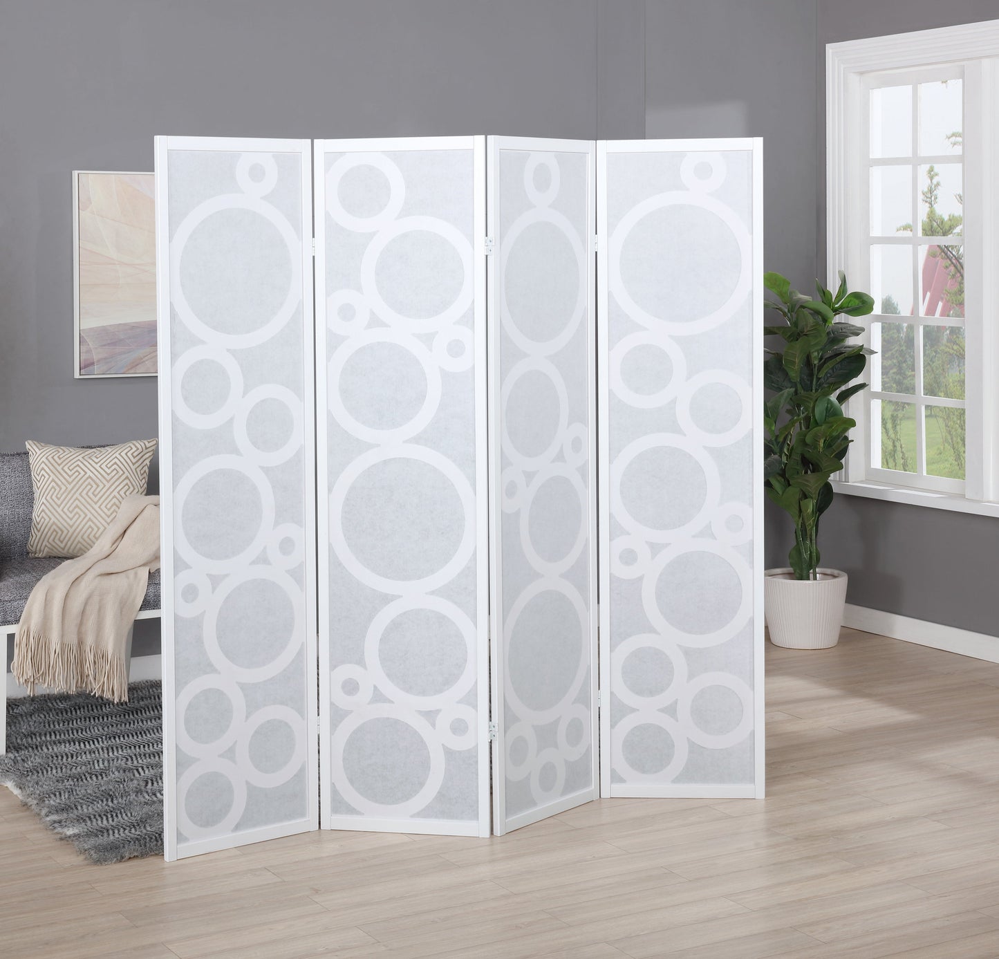 Arvada 4-Panel Wood Room Divider with Circle Pattern, White