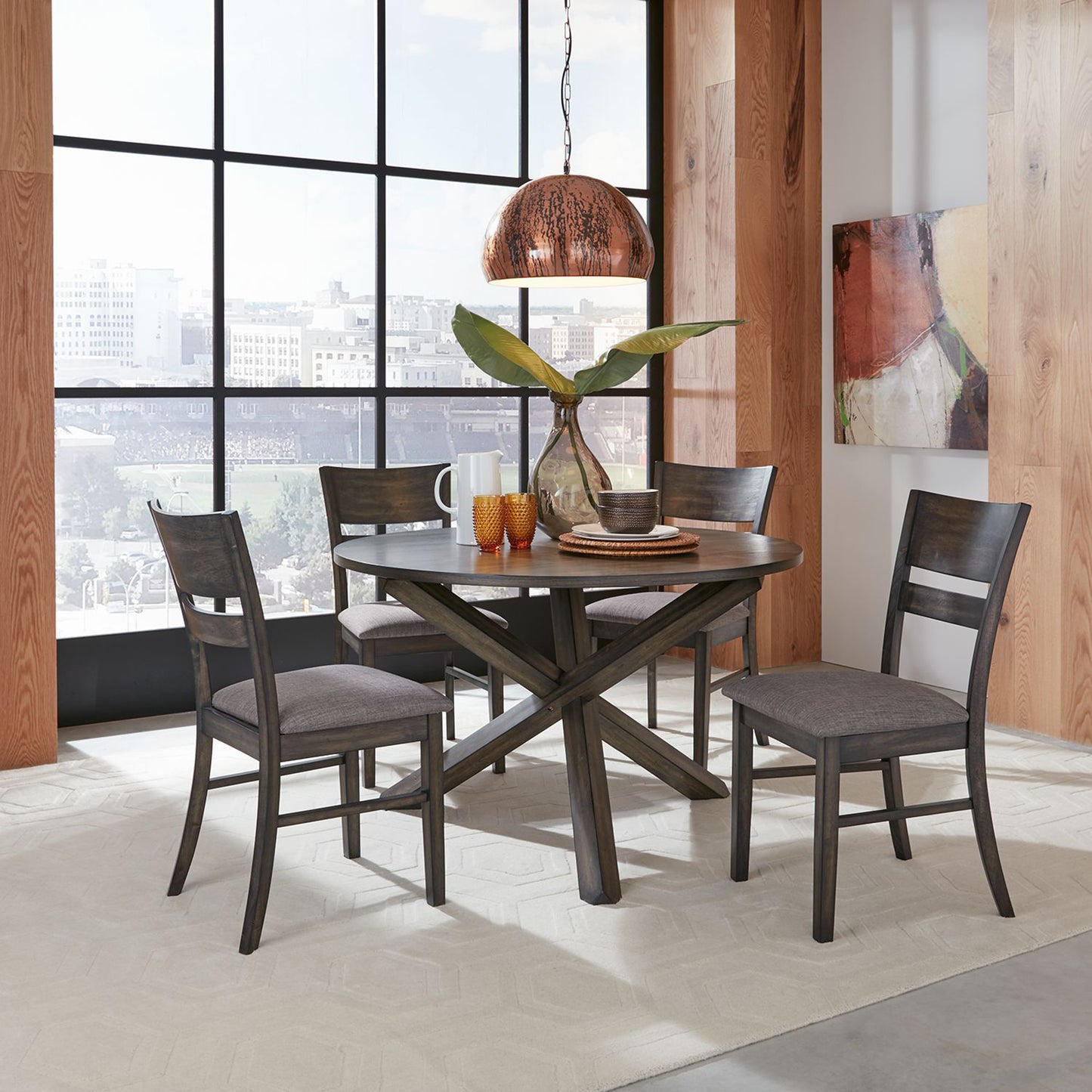 Almeta Dining Set - Crisscross X Base Round Table with 4 Chairs in Dark Umber Brown Finish