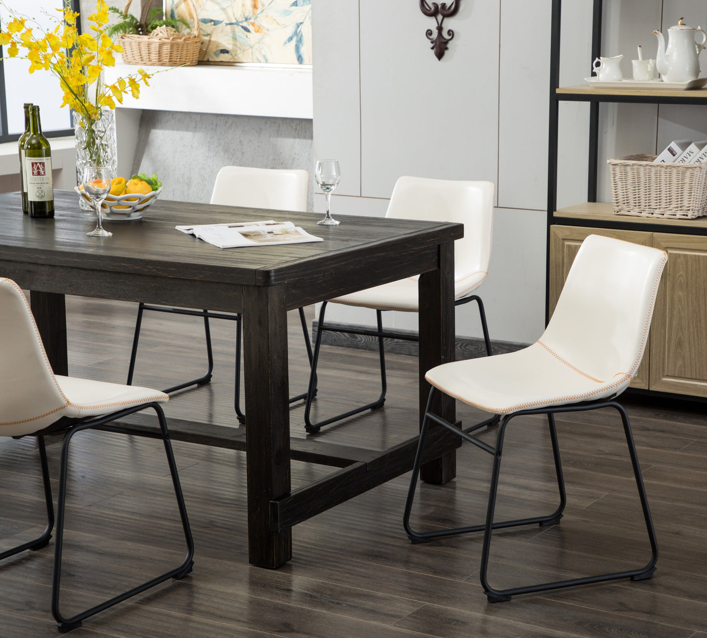 Bronco Antique Wood Finished Dining Set: Table and Six Chairs, White