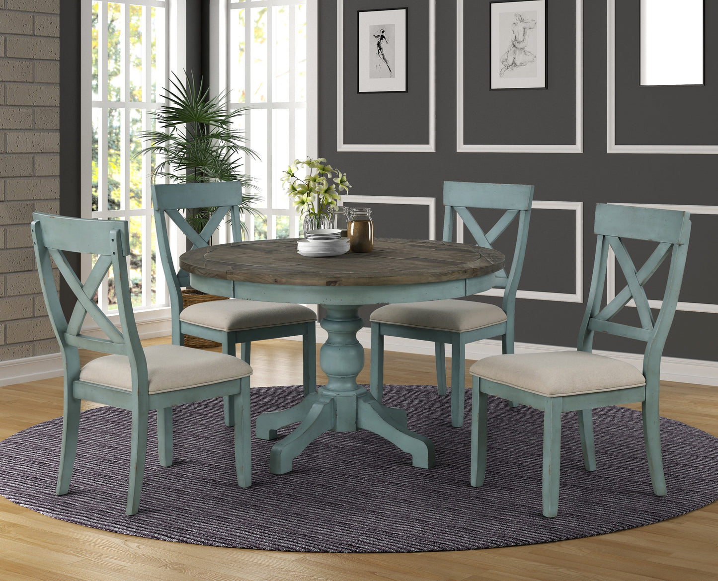 Prato Round Blue and Brown Two-Tone Finish Wood Dining Table