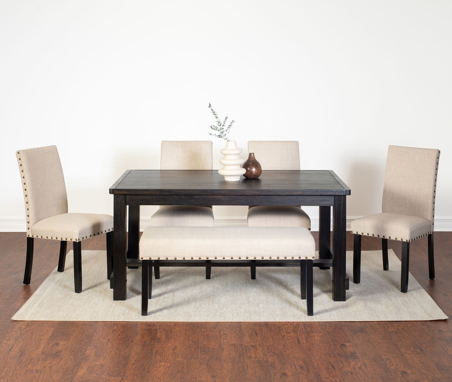 Muzzi Contemporary 6-Piece Dining Set, Dining Table with 4 Stylish Chairs and a Bench