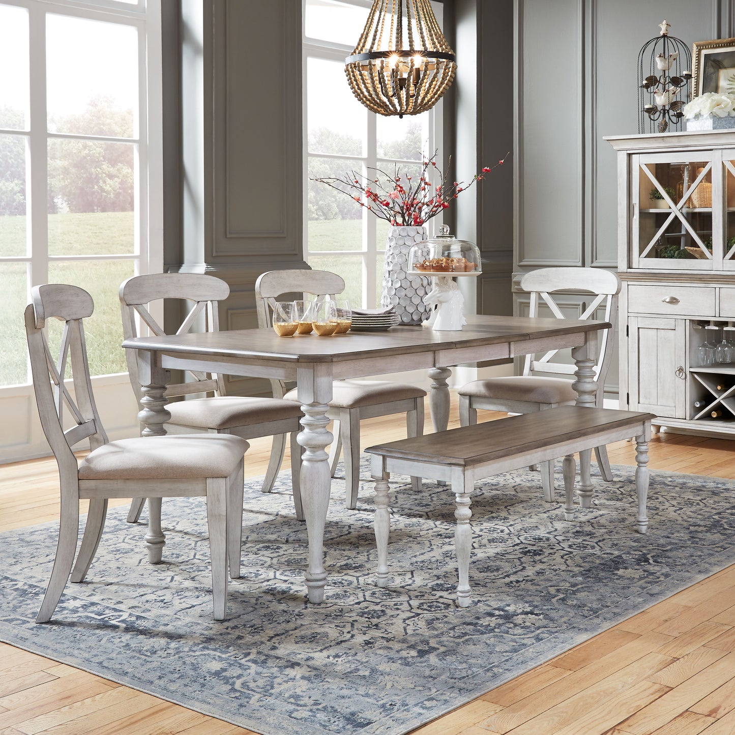 Chandria Dining Set - Extendable Rectangular Table with 4 Chairs and Bench, Antique White and Weathered Pine Finish