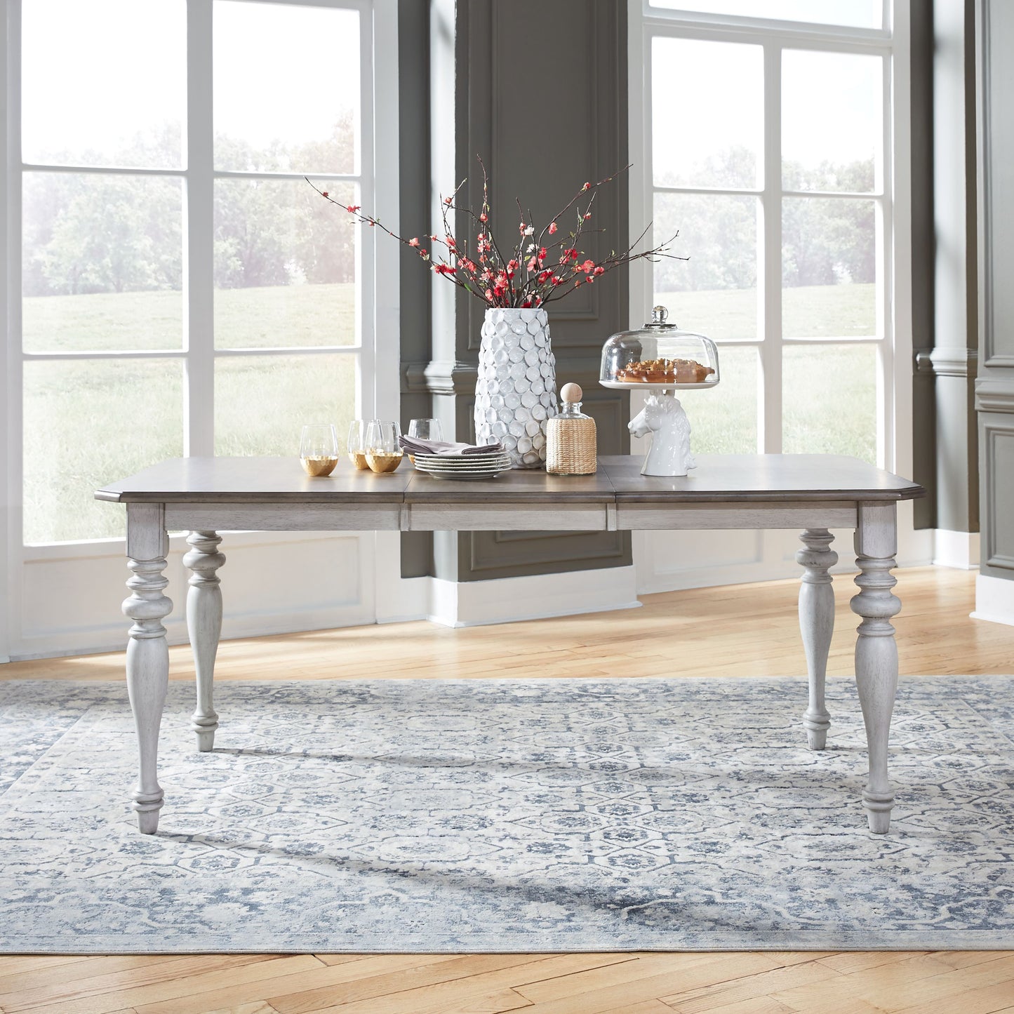 Chandria Solid Wood Rectangular Dining Table with Extendable Leaf - Two-Tone Antique White and Weathered Pine Finish