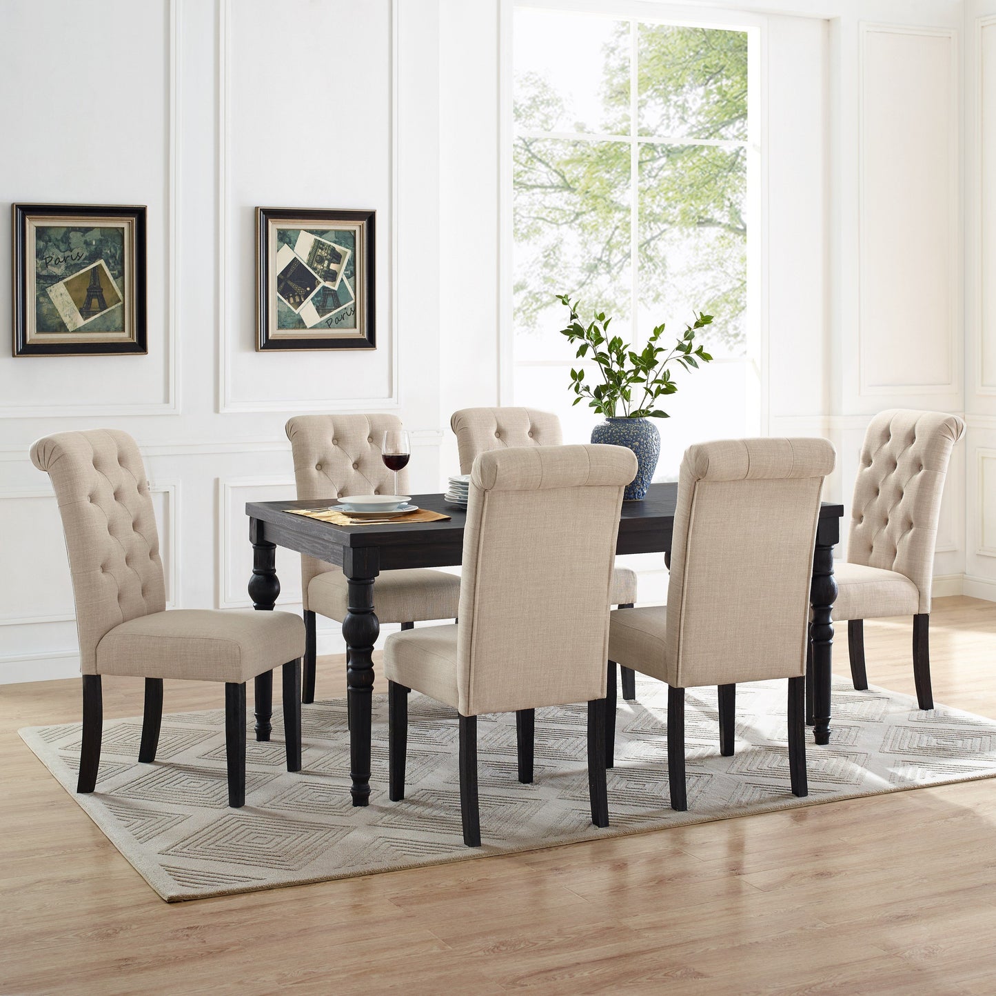 Leviton Urban Style Wood Dark Wash Turned-Leg Dining Set: Table and 6 Chairs, Tan