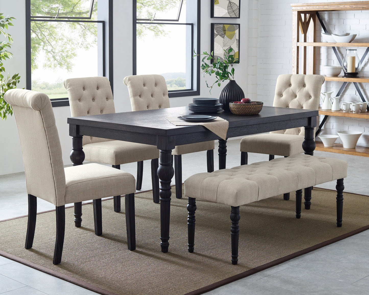 Leviton Urban Style Dark Wash Wood Dining Set: Table, 4 Chairs and Bench, Tan