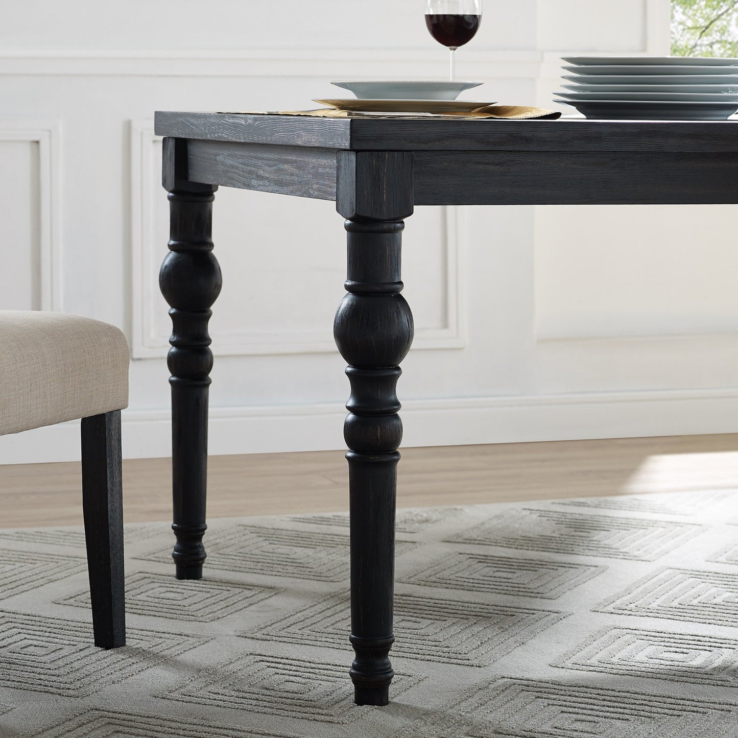 Leviton Urban Style Dark Wash Wood Dining Set: Table, 4 Chairs and Bench, Tan