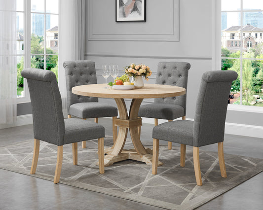 Siena White-washed Finished 5-Piece Dining set, Pedestal Round Table with Gray Upholstered Chairs