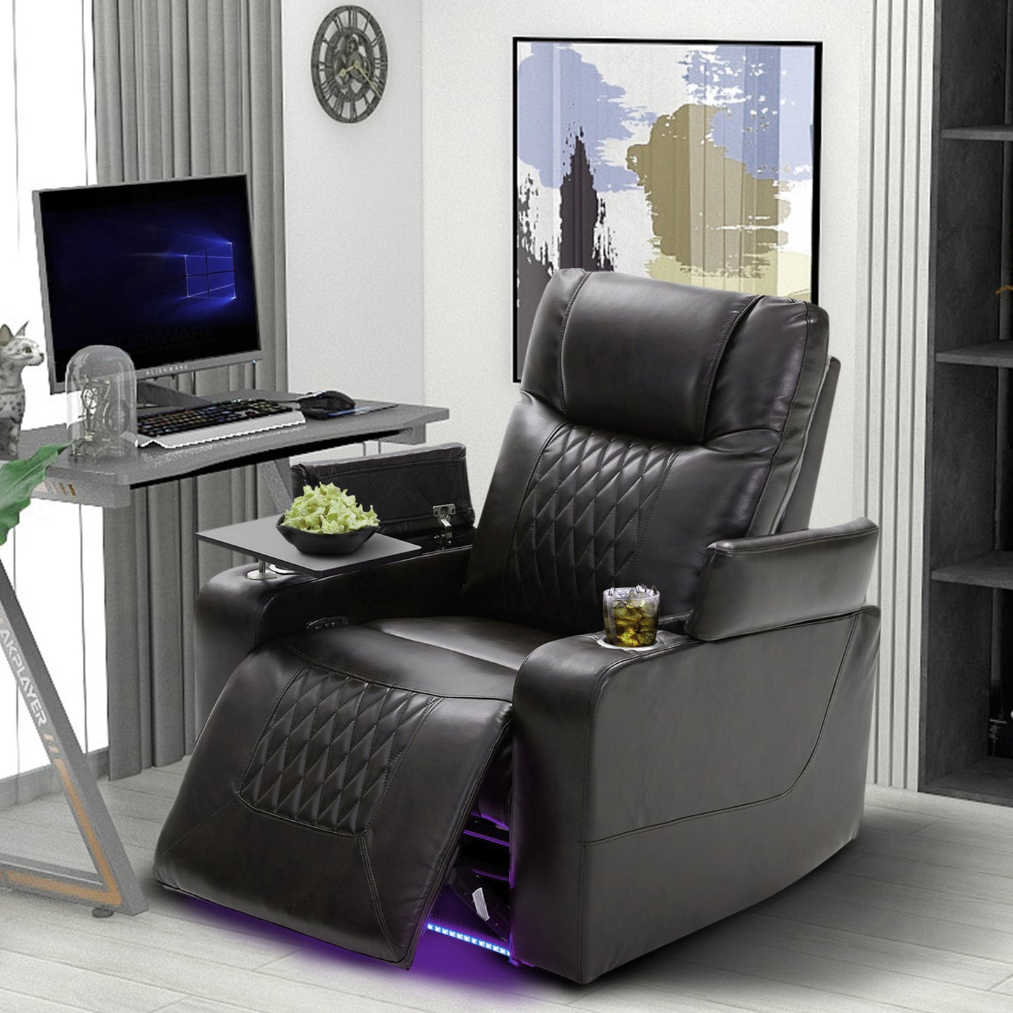 Power Motion Recliner with USB Charging Port and Hidden Arm Storage 2 Convenient Cup Holders Design and 360° Swivel Tray Table, Black