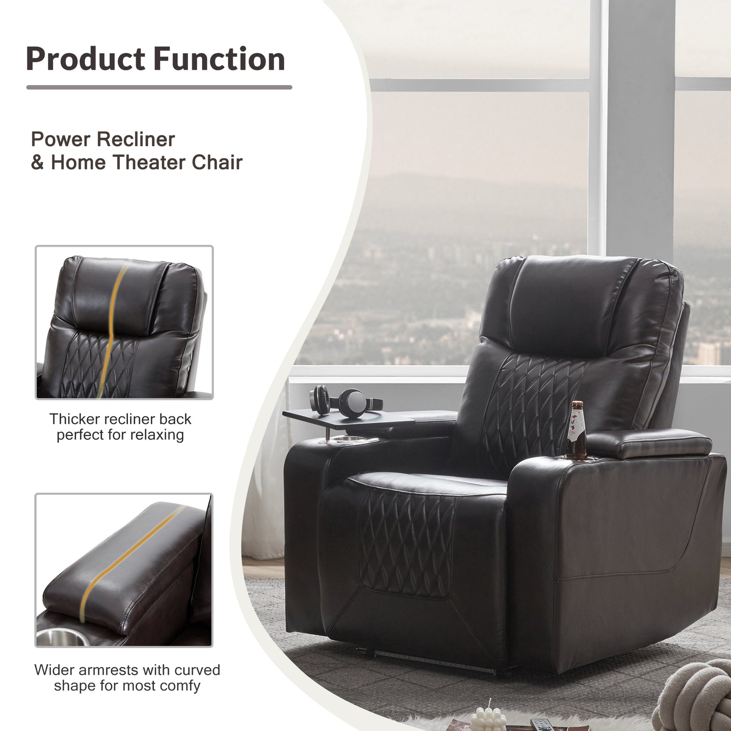 Power Motion Recliner with USB Charging Port and Hidden Arm Storage 2 Convenient Cup Holders Design and 360° Swivel Tray Table, Black