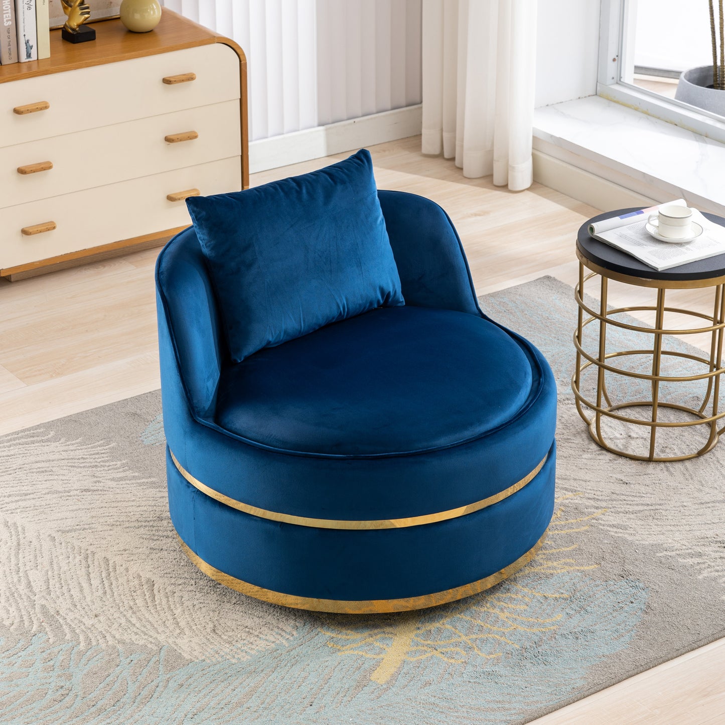 360 Degree Swivel Velvet Accent Chair, Barrel Chair Over-Sized Soft Chair with Seat Cushion, Blue