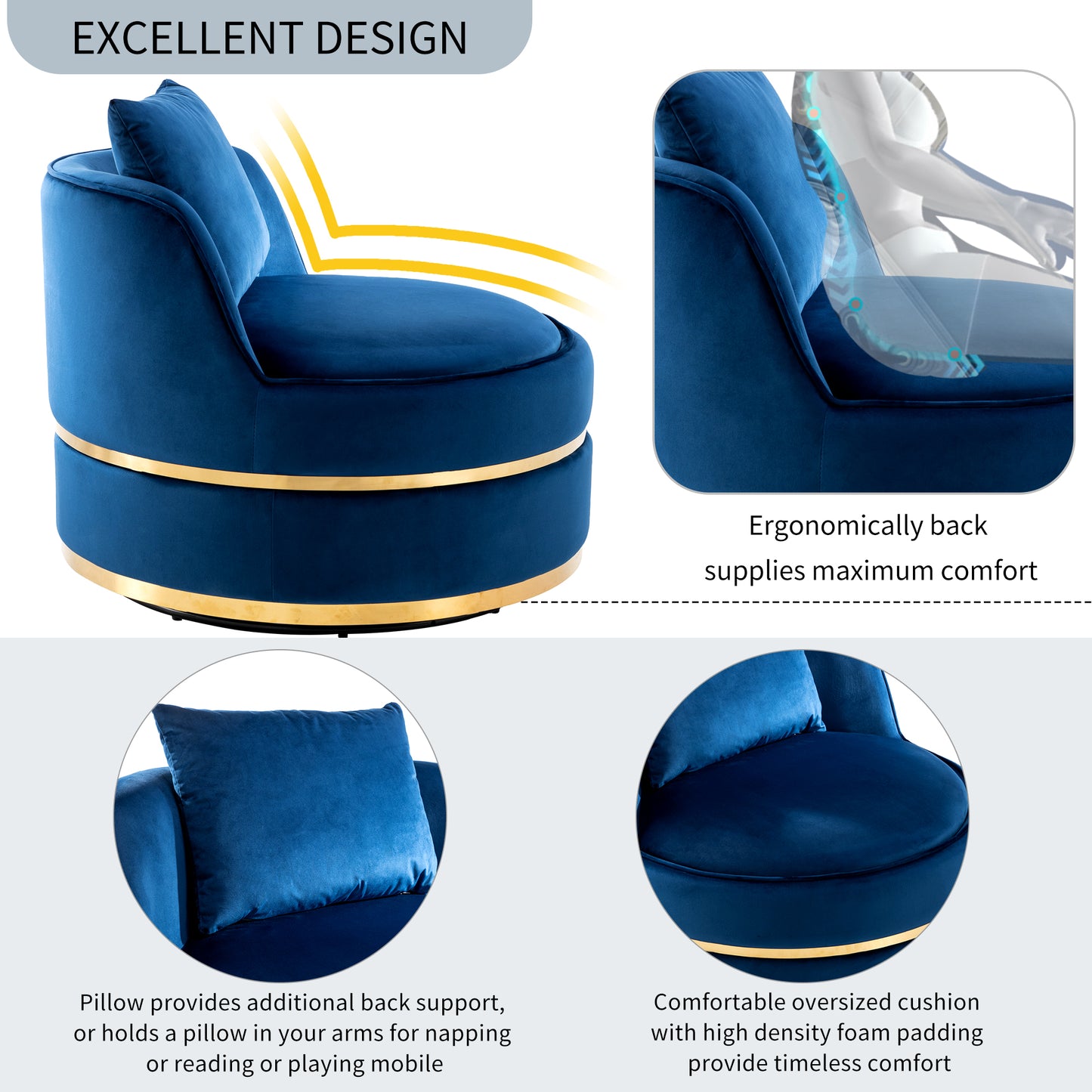 360 Degree Swivel Velvet Accent Chair, Barrel Chair Over-Sized Soft Chair with Seat Cushion, Blue