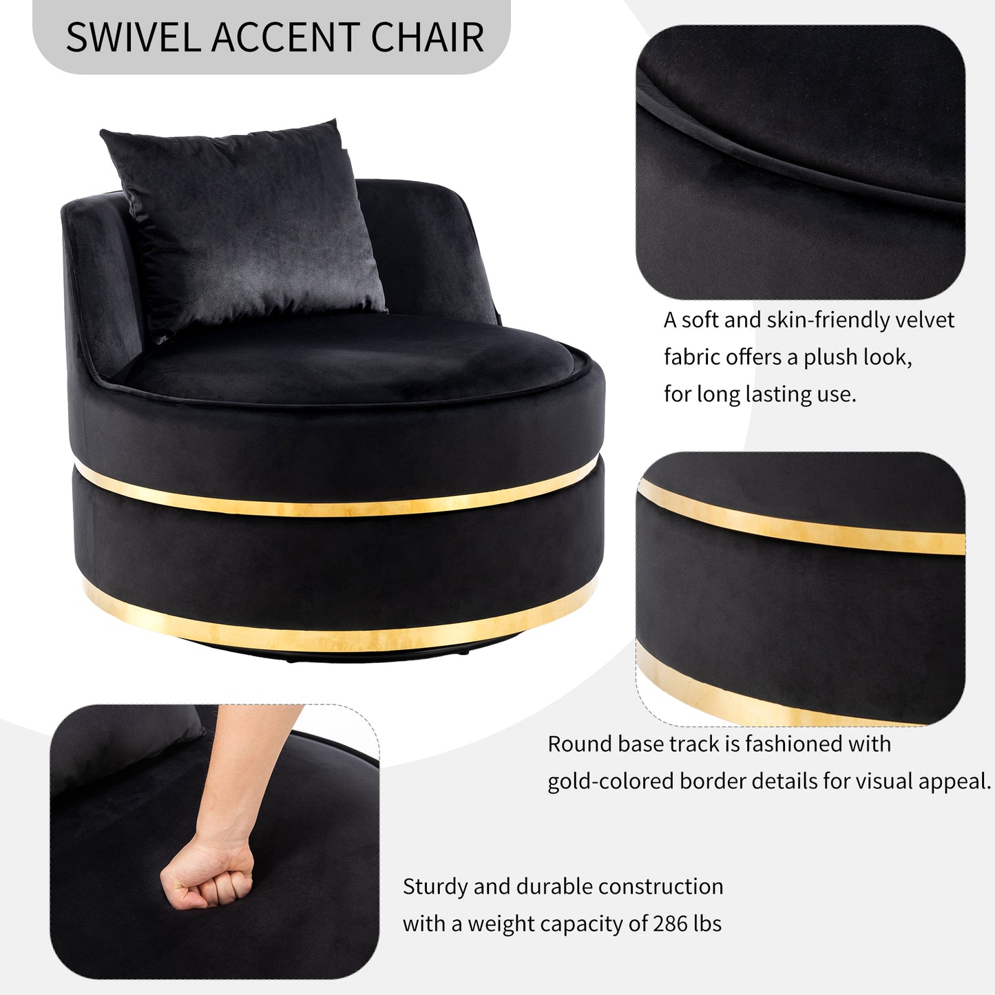 360 Degree Swivel Velvet Accent Chair, Barrel Chair Over-Sized Soft Chair with Seat Cushion, Black