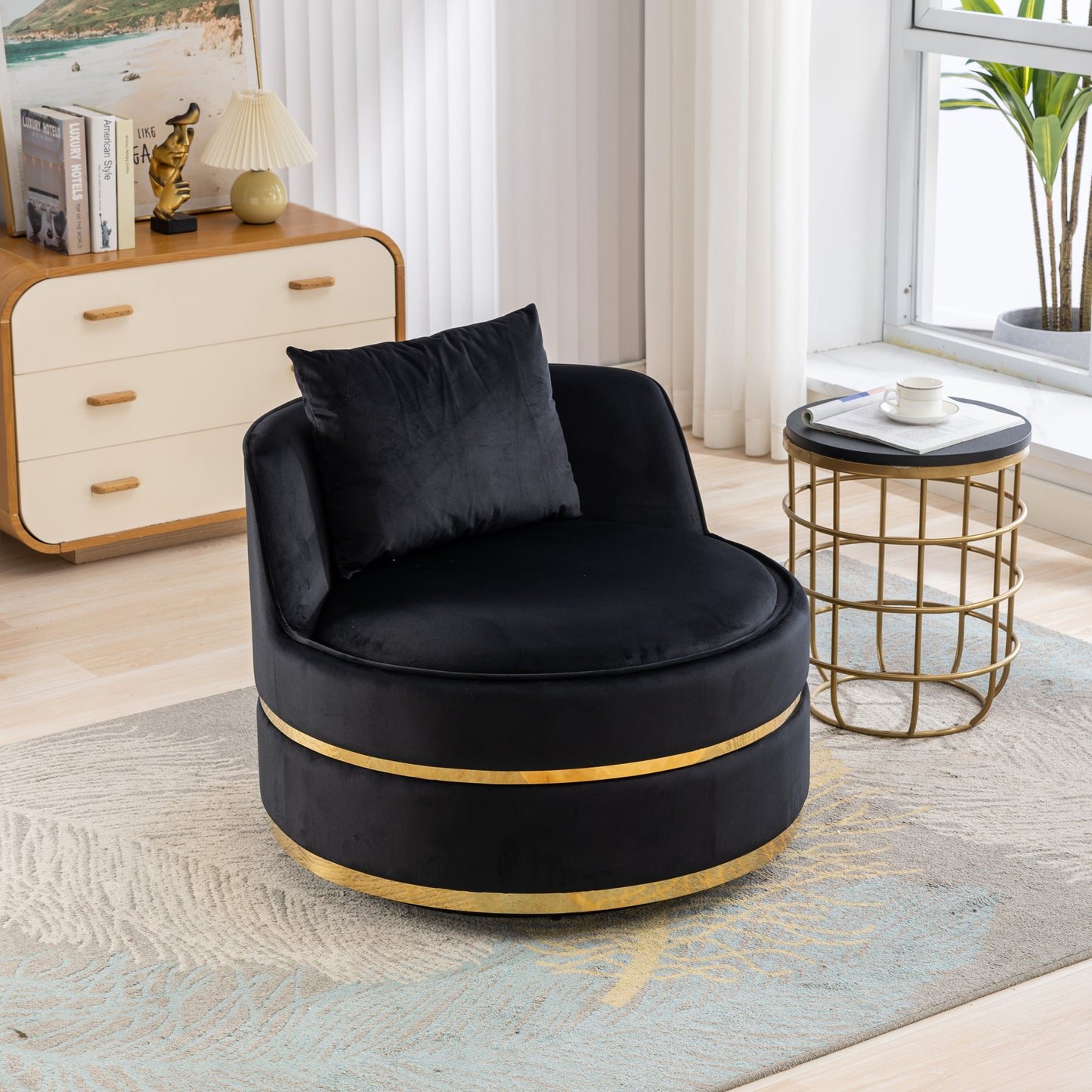 360 Degree Swivel Velvet Accent Chair, Barrel Chair Over-Sized Soft Chair with Seat Cushion, Black