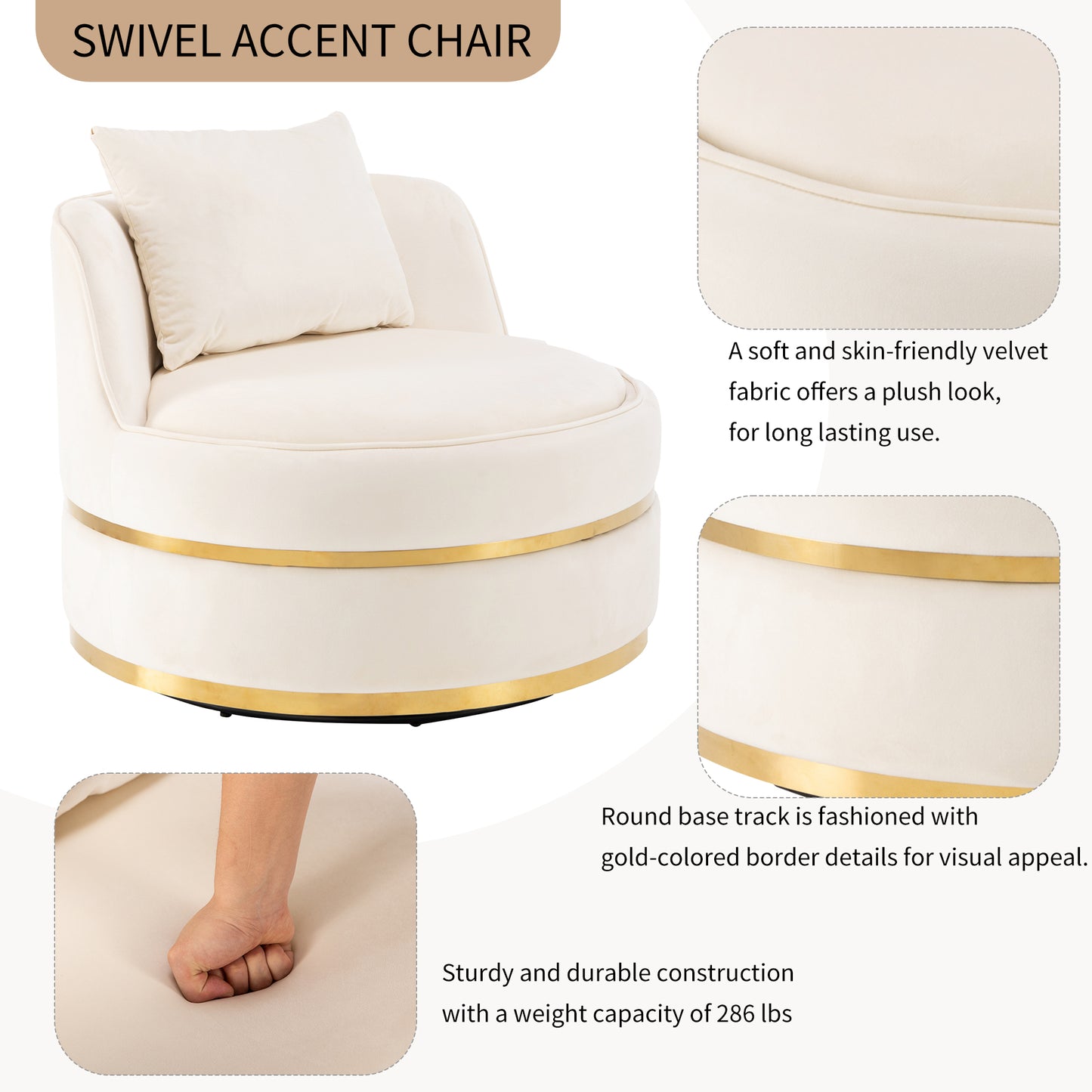 360 Degree Swivel Velvet Accent Chair, Barrel Chair Over-Sized Soft Chair with Seat Cushion, Beige