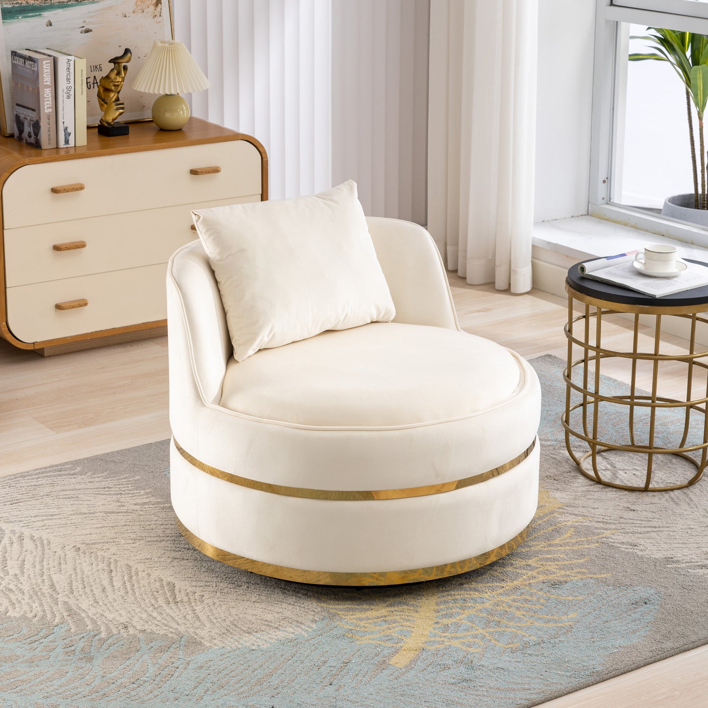 360 Degree Swivel Velvet Accent Chair, Barrel Chair Over-Sized Soft Chair with Seat Cushion, Beige